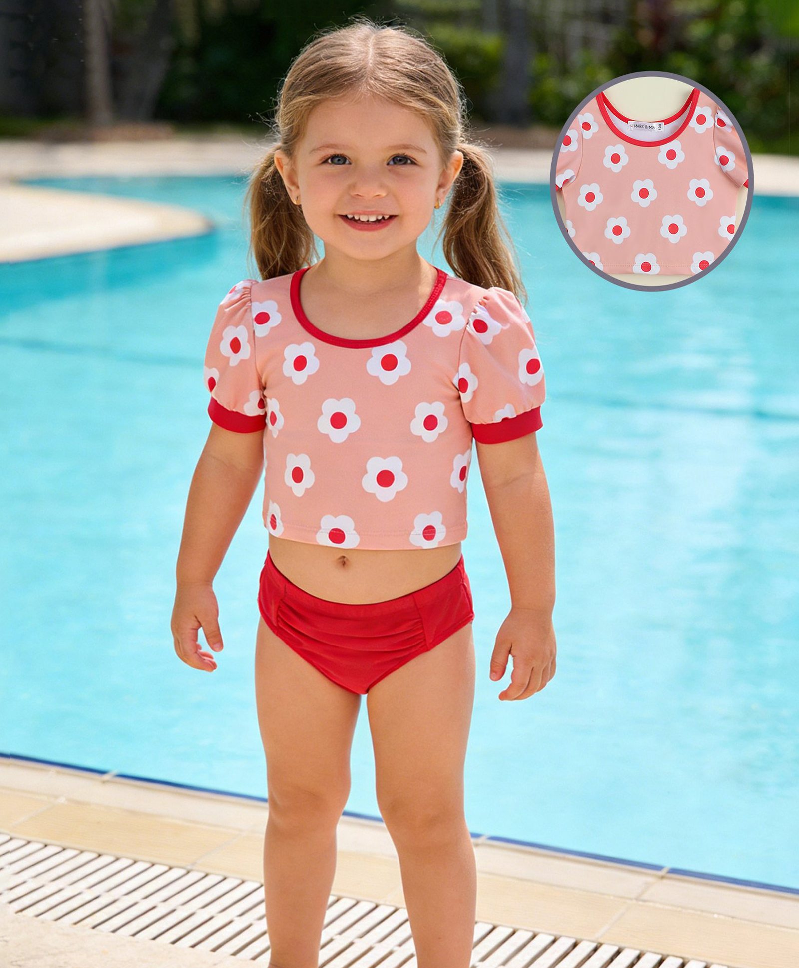 Mark & Mia Half Sleeves Two Piece Swimsuit with Floral Print - Pink-image-45