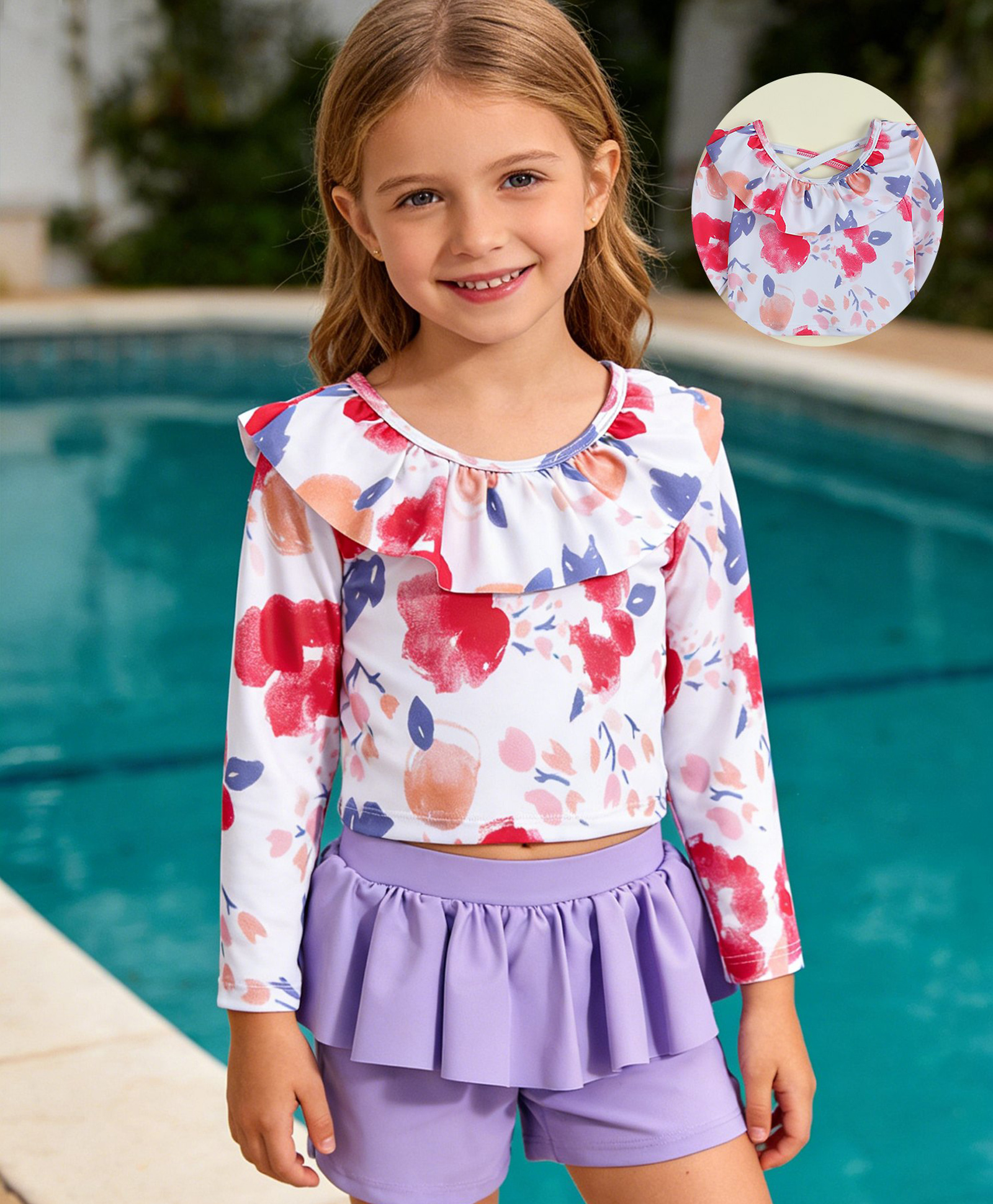 Mark & Mia Full Sleeves Two Piece Swimsuit with Floral Print - Purple-image-20