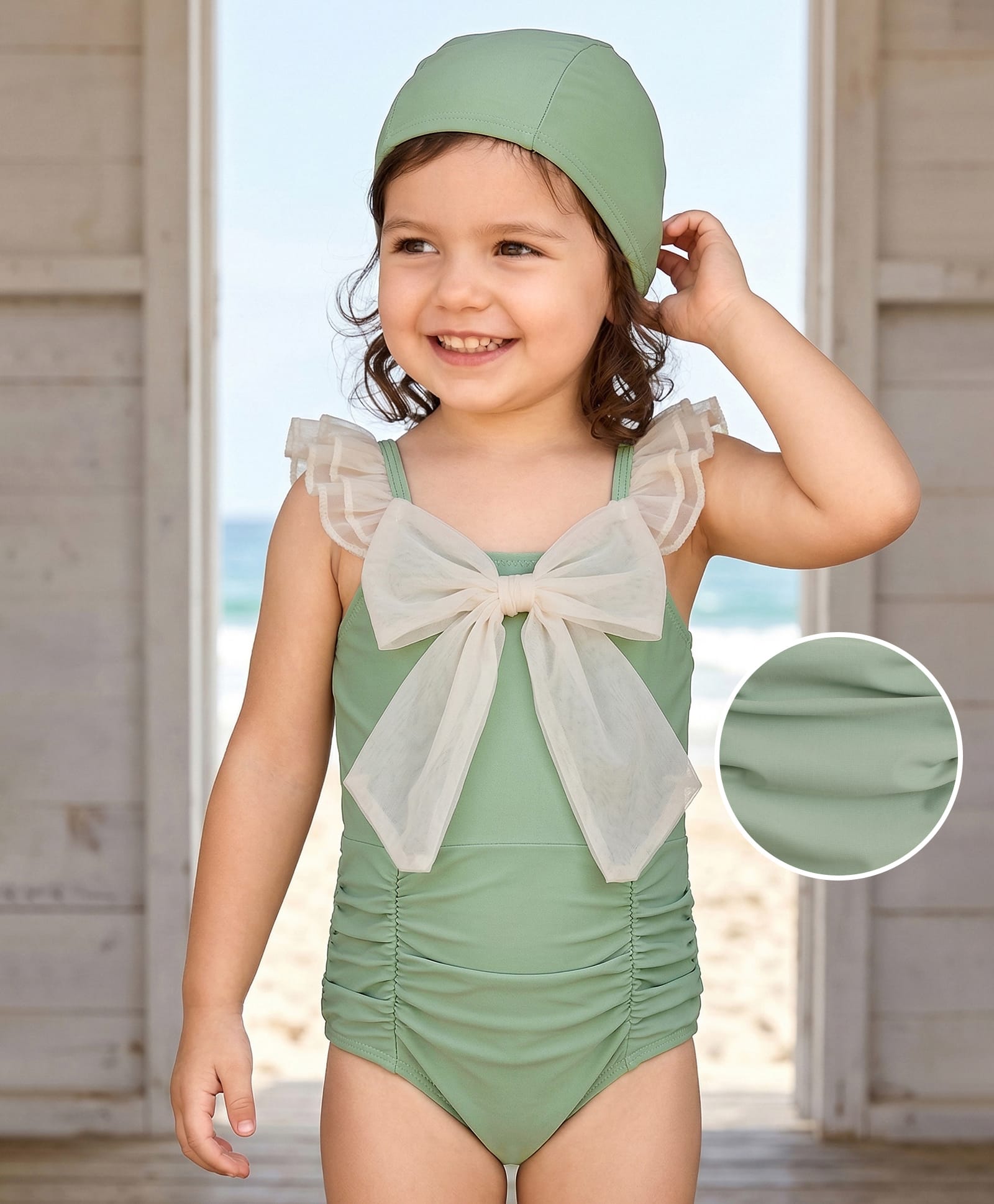 Mark & Mia Sleeveless V Cut Swimsuit with Cap & Bow Applique - Light Green-image-5