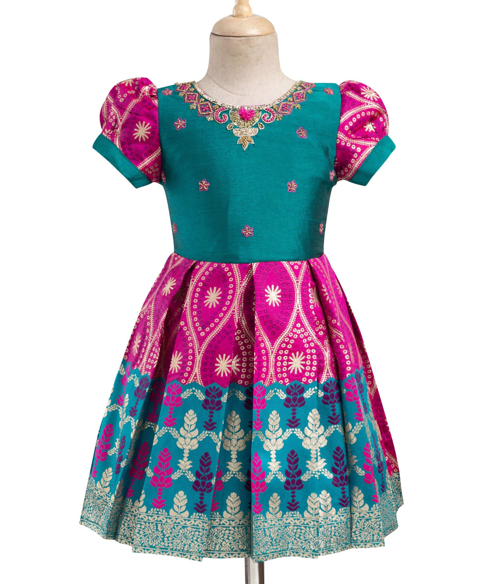 Enfance Half Puffed Sleeves Beads Sequins & Stone Embellished Banarasi Style Printed Pleated Pattu Pavdai Knee Length Dress - Dark Green-image-34