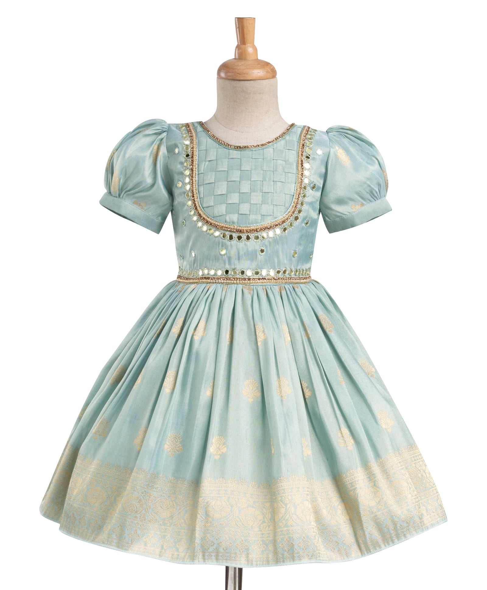 Enfance Half Puffed Sleeves Gota Lace Embellished Mirrorwork Detailed Banarasi Printed Knee Length Dress - Green-image-11