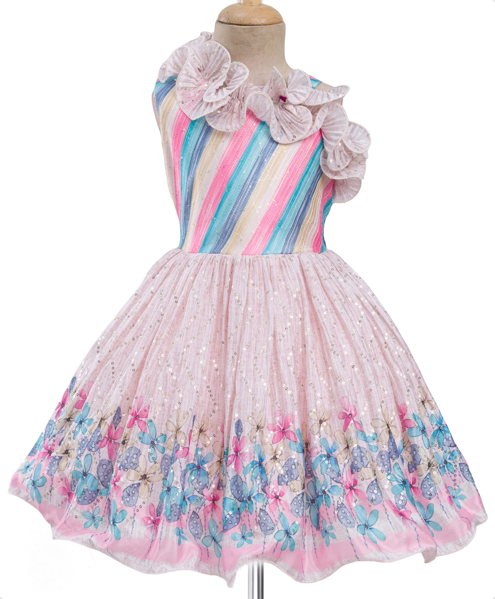 Enfance One Shoulder Ruffle Detailed Sequins Embellished Floral Printed Knee Length Dress - Light Pink-image-3