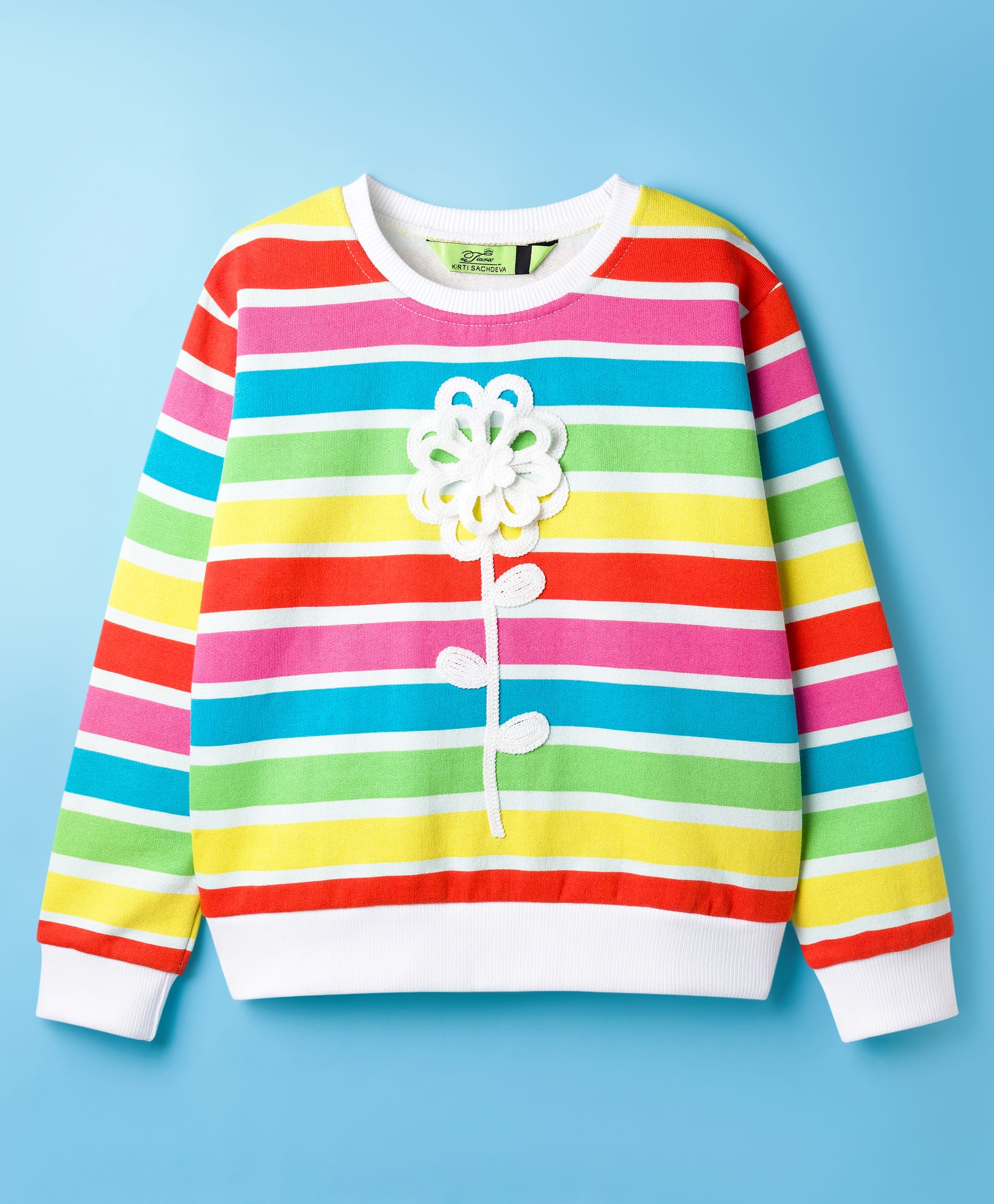 Tiara Fleece Knit Full Sleeves Rainbow Striped Floral Applique Detailed Light Winter Sweatshirt - Multi Colour-picture-16
