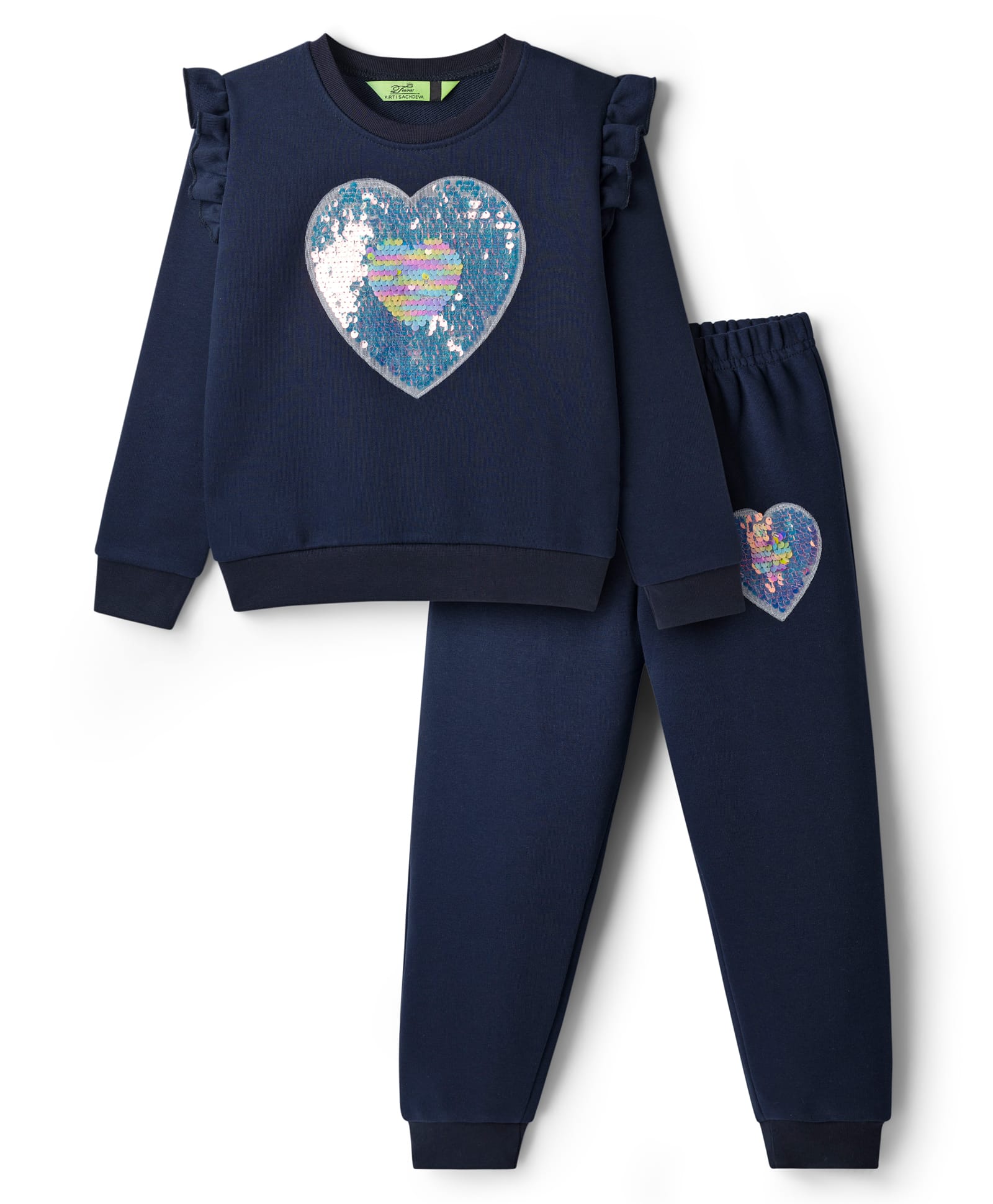 Tiara Cotton Fleece Knit Full Sleeves Reversible Sequins Embellished Heart Applique Detailed Winter Sweatshirt & Jogger Set - Navy Blue-picture-28