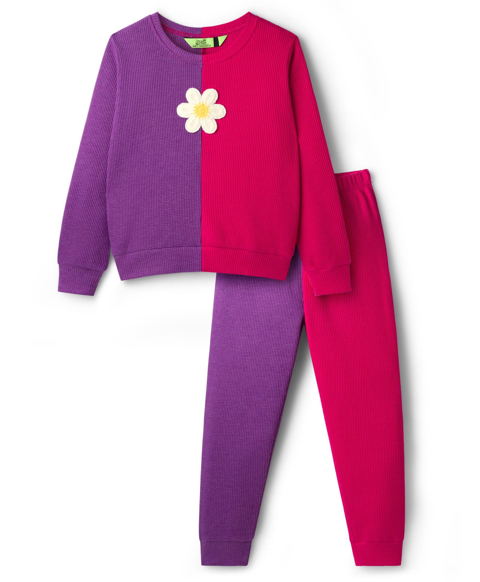 Tiara Waffle Knit Full Sleeves Colour Blocked Floral Applique Detailed Winter Sweatshirt & Jogger Set - Purple & Pink-picture-14