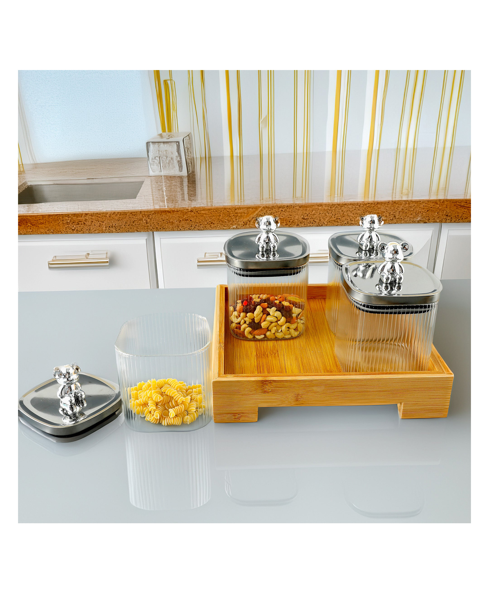 UMAI Platters Serving Set for Snacks with Wooden Tray & 4 Jars (350ml Each) | Premium Soda Lime Glass | Snacks Serving Bowls with Tray | Serving Tray with Bowls for Snacks-image-4