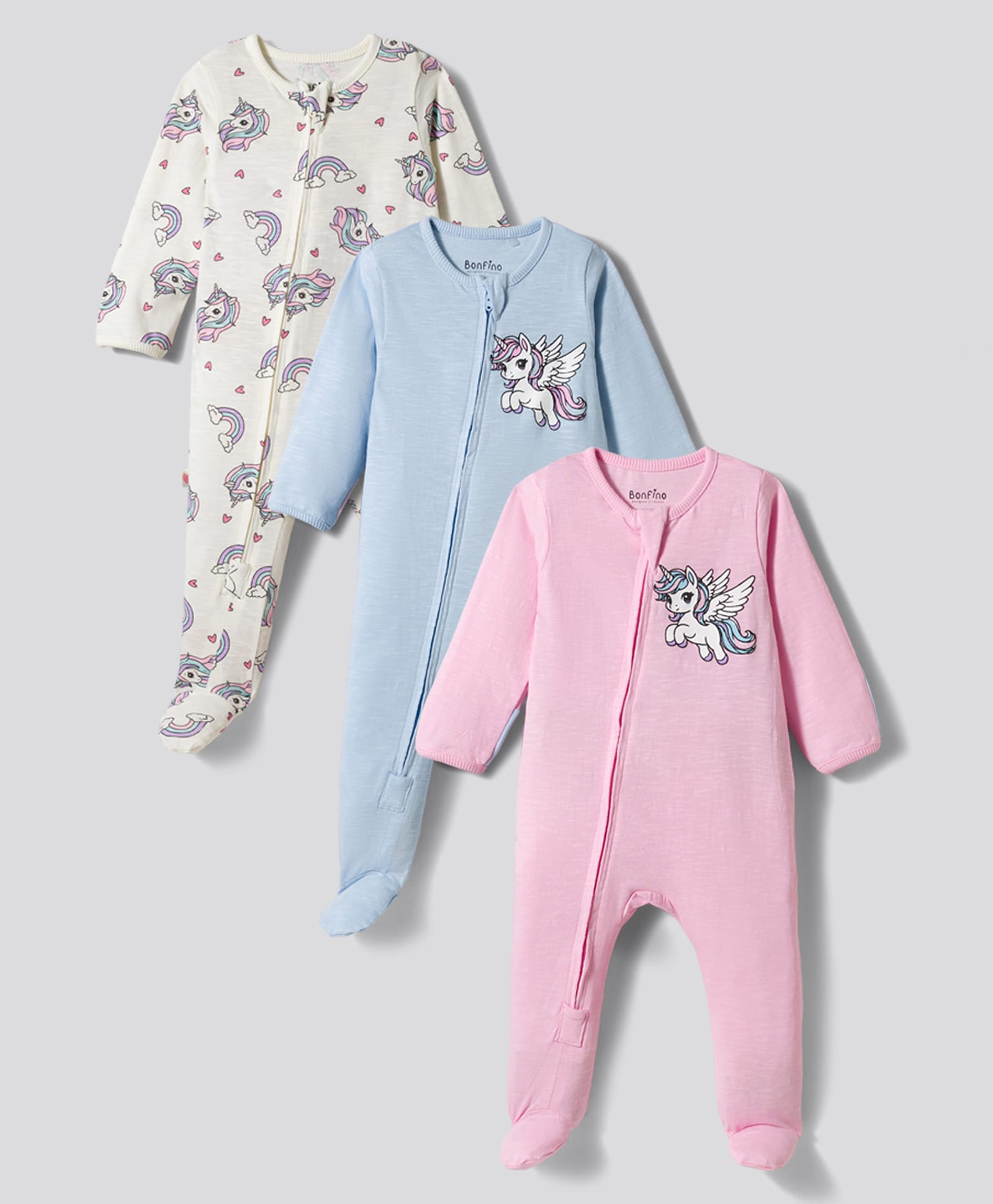 Bonfino 100% Cotton Knit Full Sleeves Unicorn Printed Footed Sleepsuits Pack of 3 -white Blue & Pink-picture-49