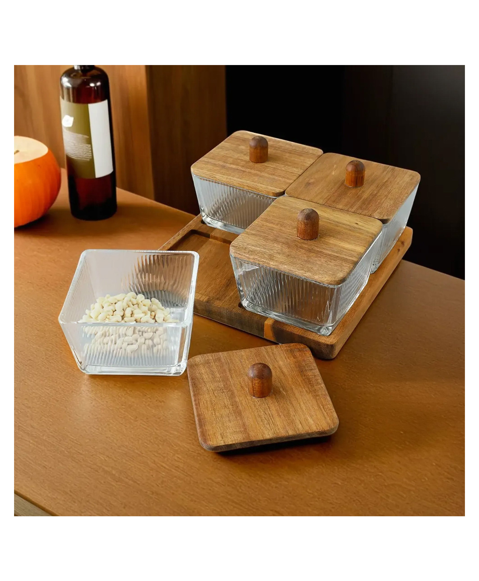Glass bowl with acacia wood lid tray set of 4 |ST10176B|transparent-image-21