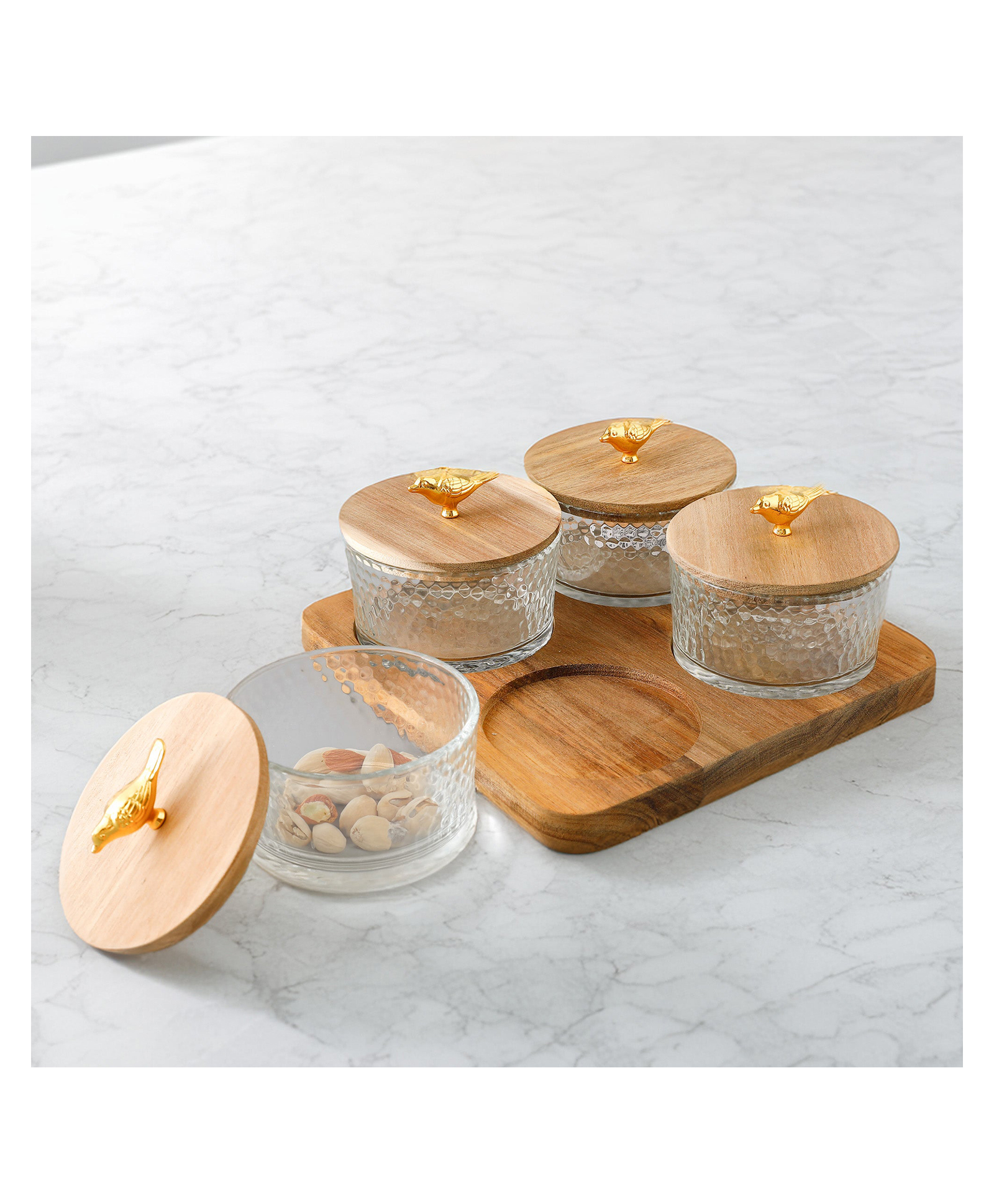 Glass bowl with acacia wood lid tray set of 4 |ST10177B|transparent