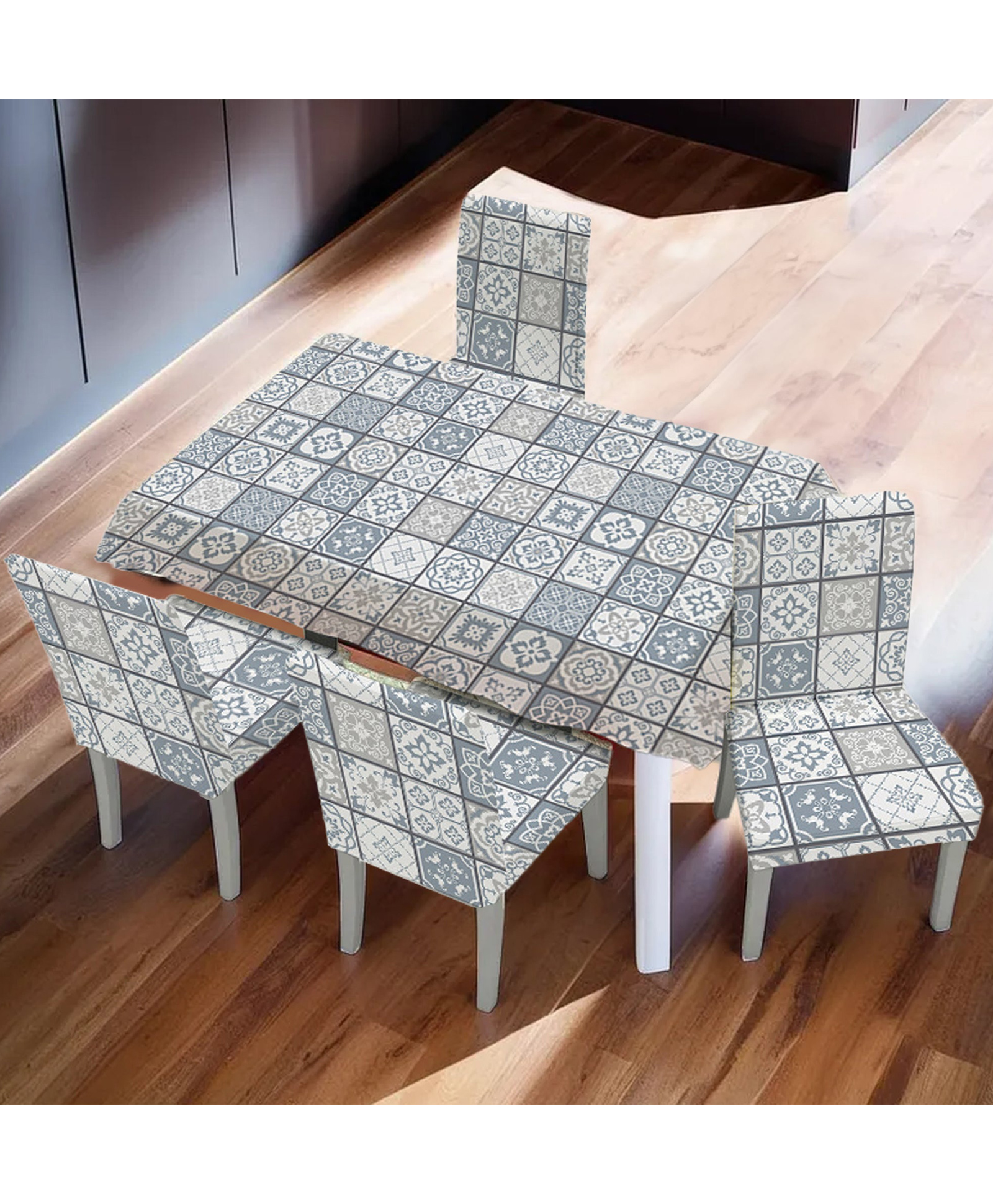 UMAI Dining Table Cloth | Dining Table Cover 4 Seater Cover Set | Water Proof Cloth Dust and Oil Repellent Washable | 4 Chairs 1 Table Cover| White and Blue-image-2