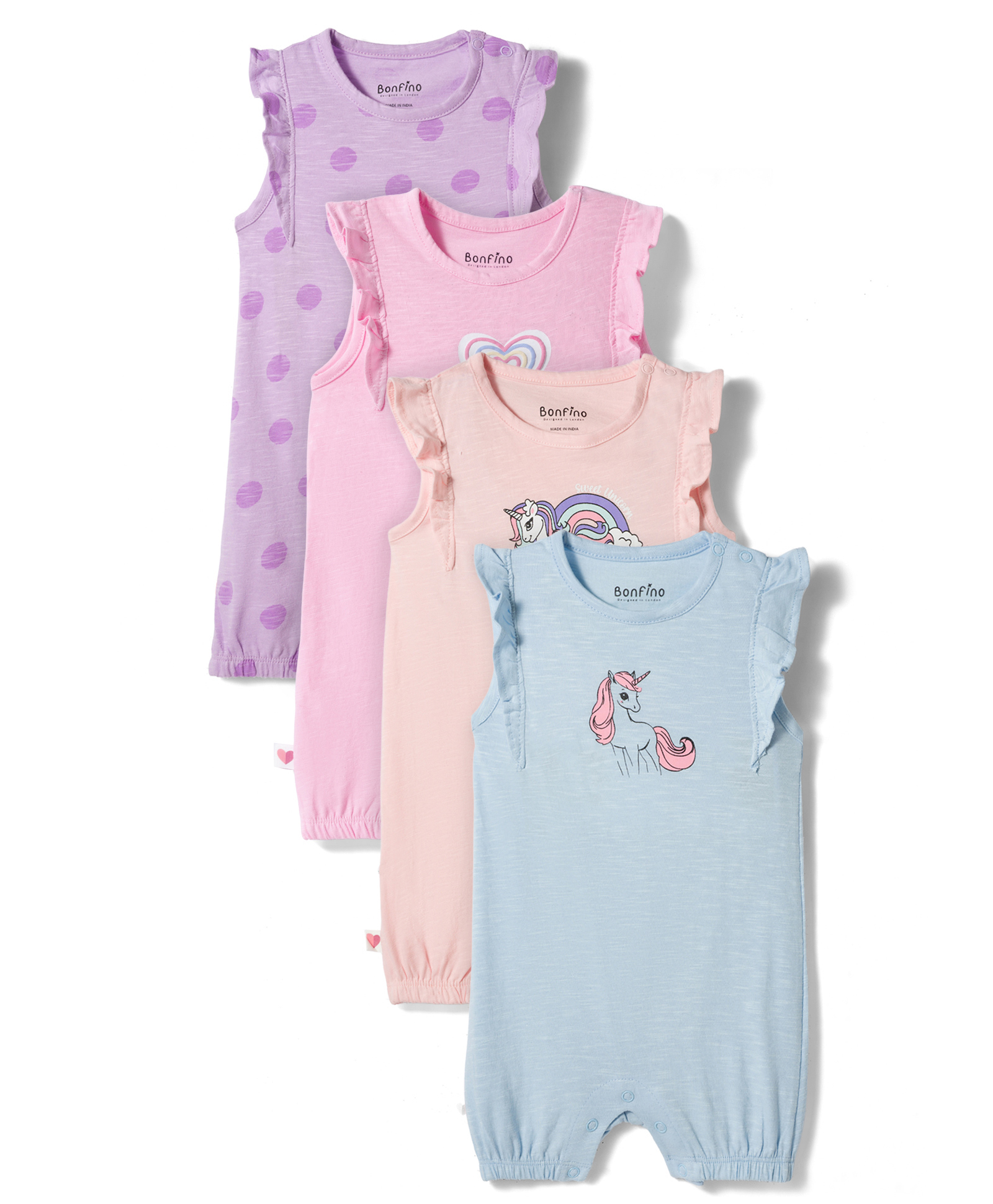 Bonfino 100% Cotton Knit Flutter Sleeves Romper with Polka Dots & Unicorn Print Pack of 4 - Blue Pink & Purple-picture-15