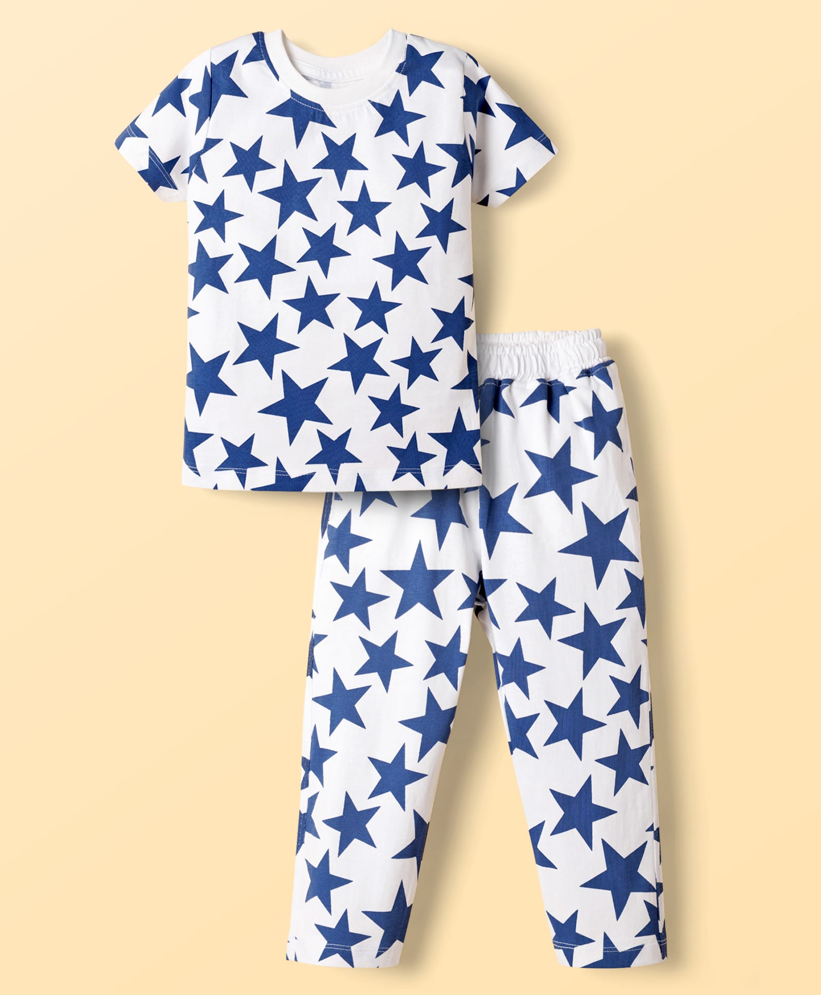 kookie kids india Kookie Kids Single Jersey Knit Half Sleeves Star Printed Co-Ord T-Shirt & Pyjama Night Suit Set - White-picture-32