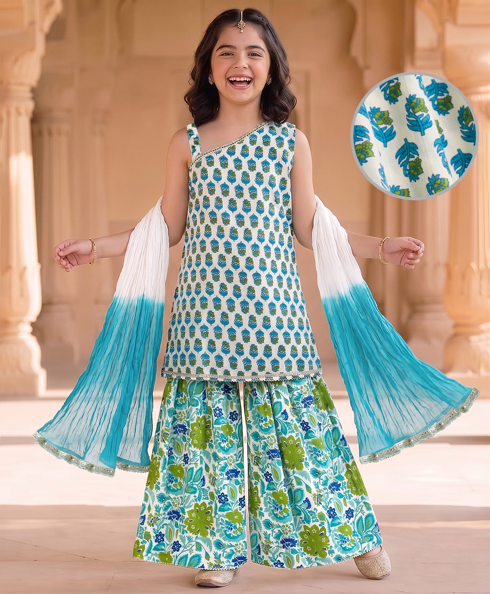 Pine Kids Cotton Woven Sleeveless Floral Printed Kurta & Palazzo Set With Dupatta - Light Blue-image-36