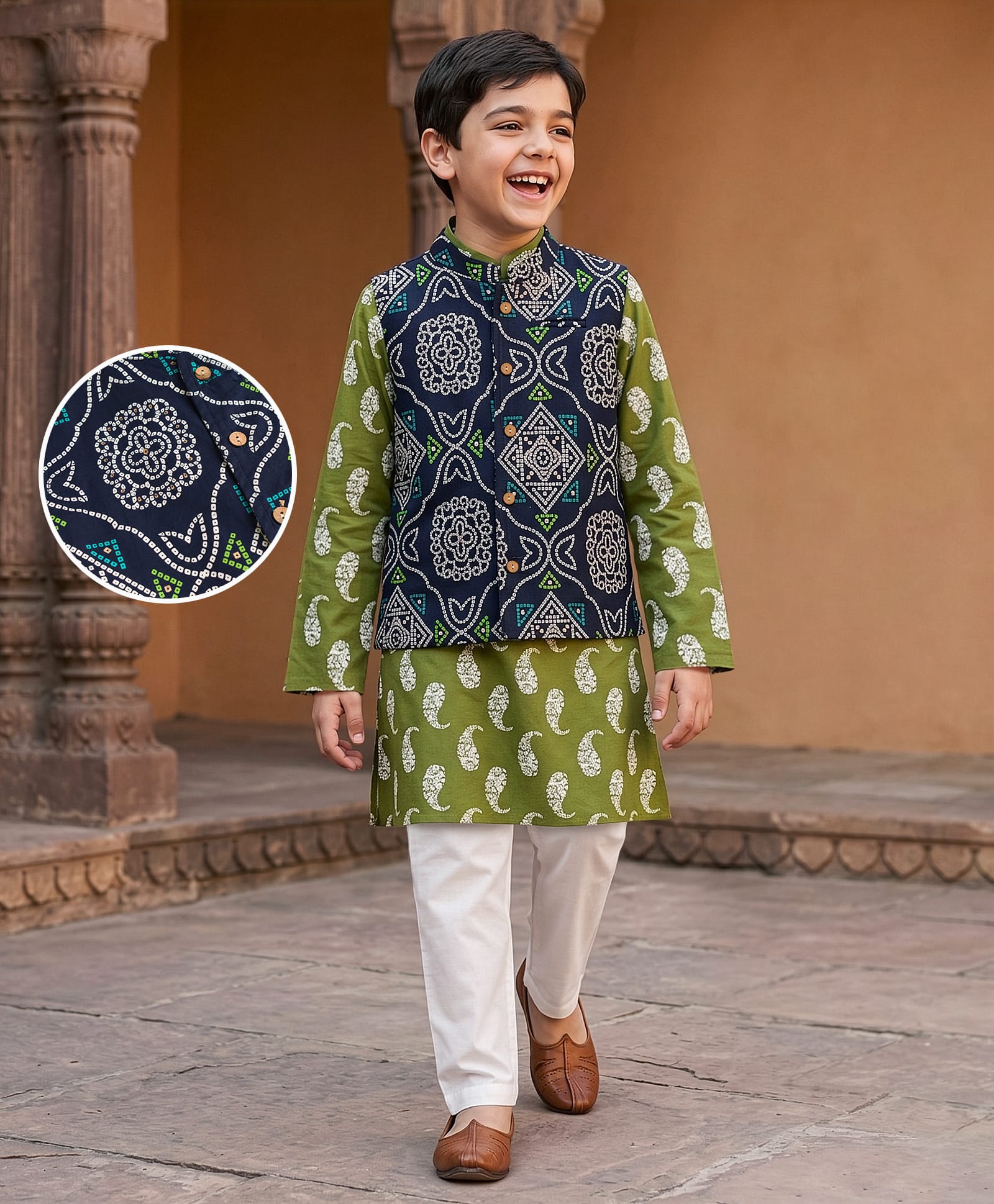 Pine Kids Cotton Woven Full Sleeves Printed Kurta Pyjama Set With Nehru Jacket - Green-picture-25