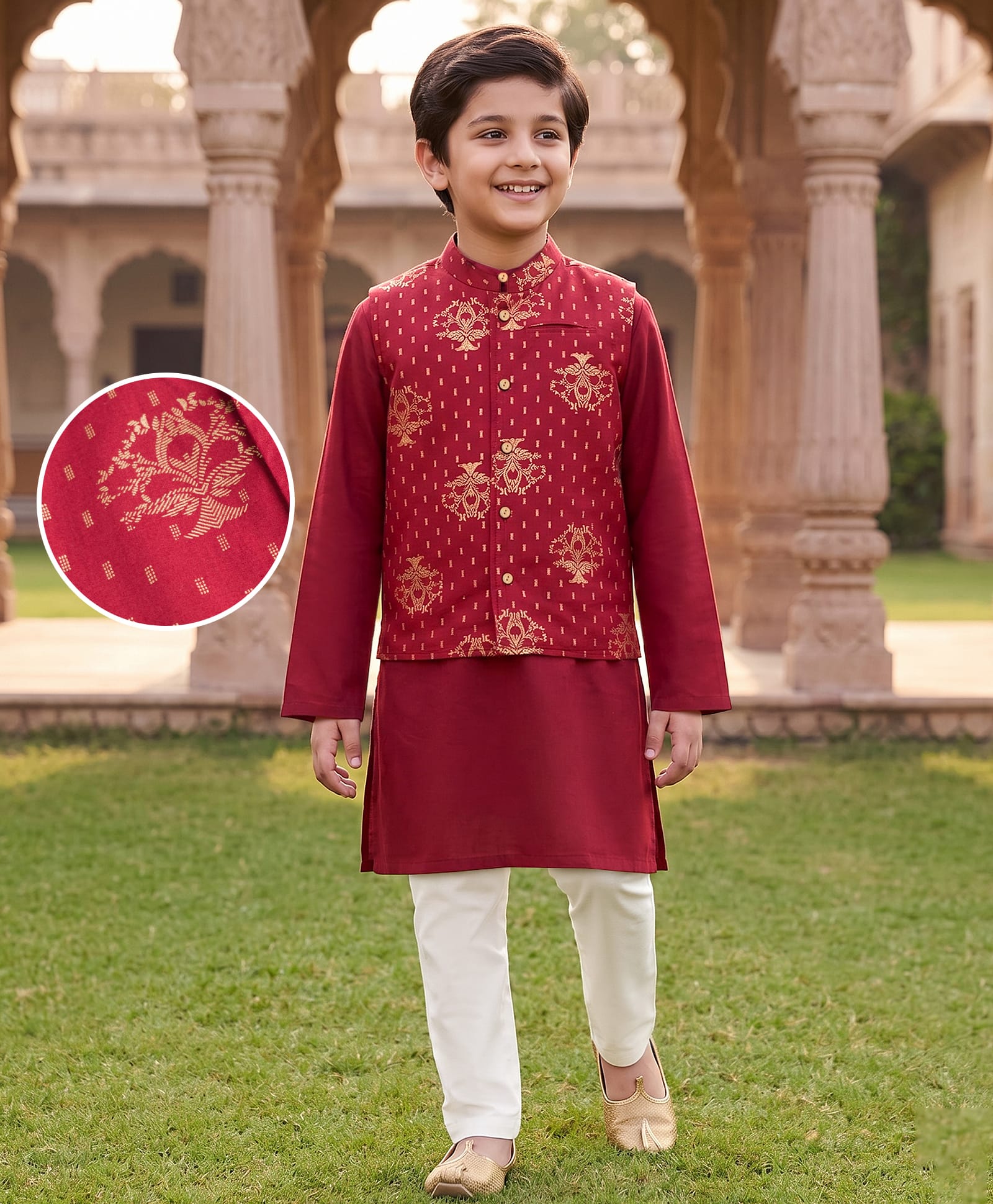 Pine Kids 100% Cotton Woven Full Sleeves Solid Kurta Pyjama Set With Floral Printed Jacket - Maroon-picture-41