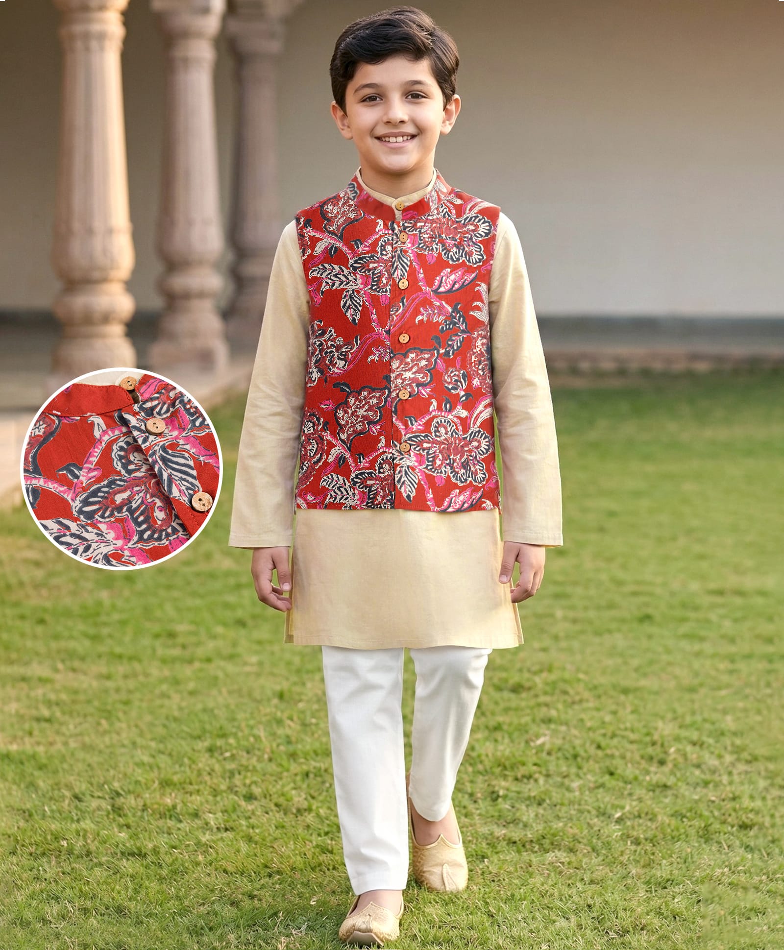 Pine Kids Cotton Woven Full Sleeves Kurta Pyjama Set With Floral Printed Nehru Jacket - Maroon-picture-16
