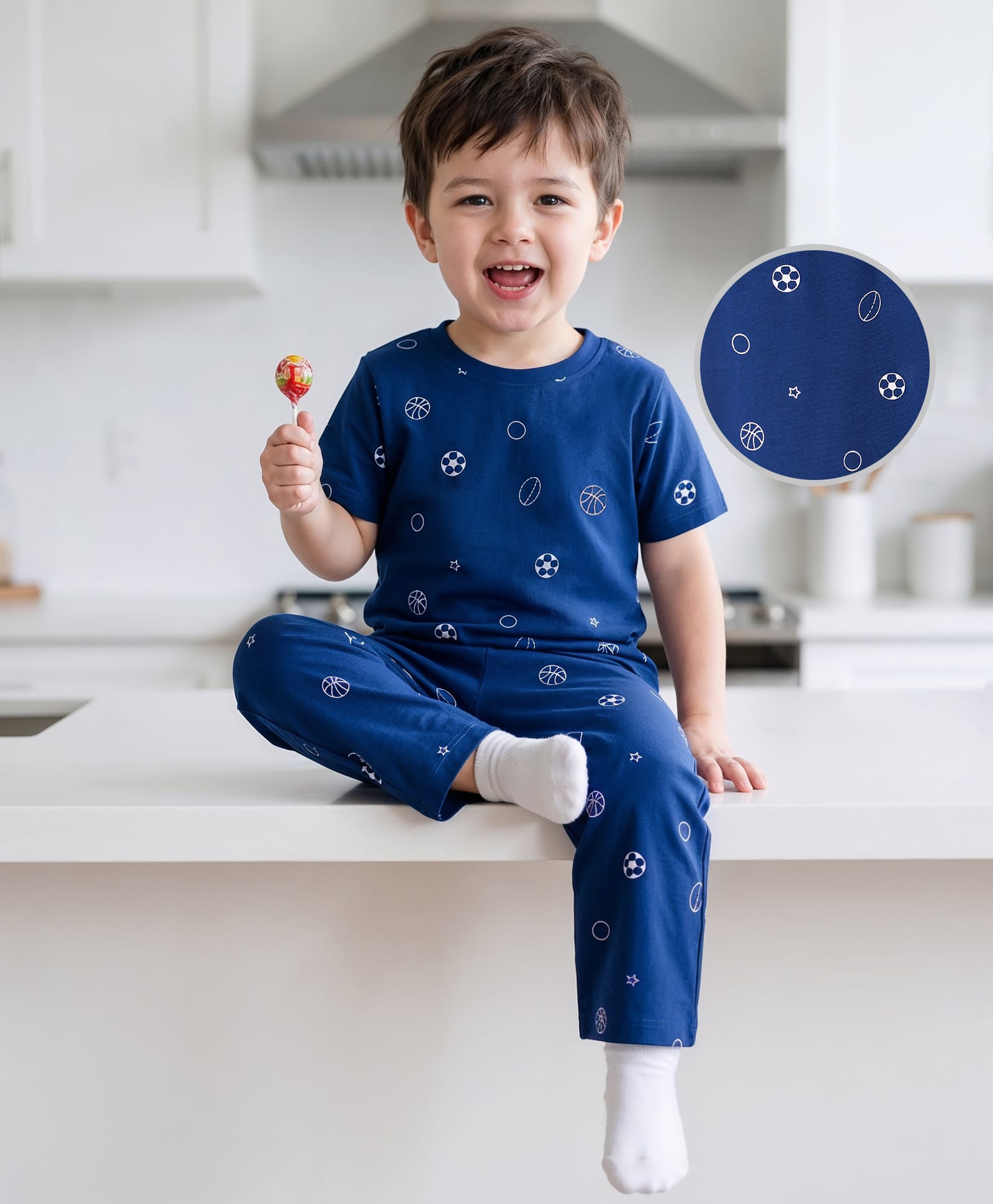 Kookie Kids Single Jersey Knit Half Sleeves Co-ords Night Suit With Basketball Print - Navy Blue-image-34