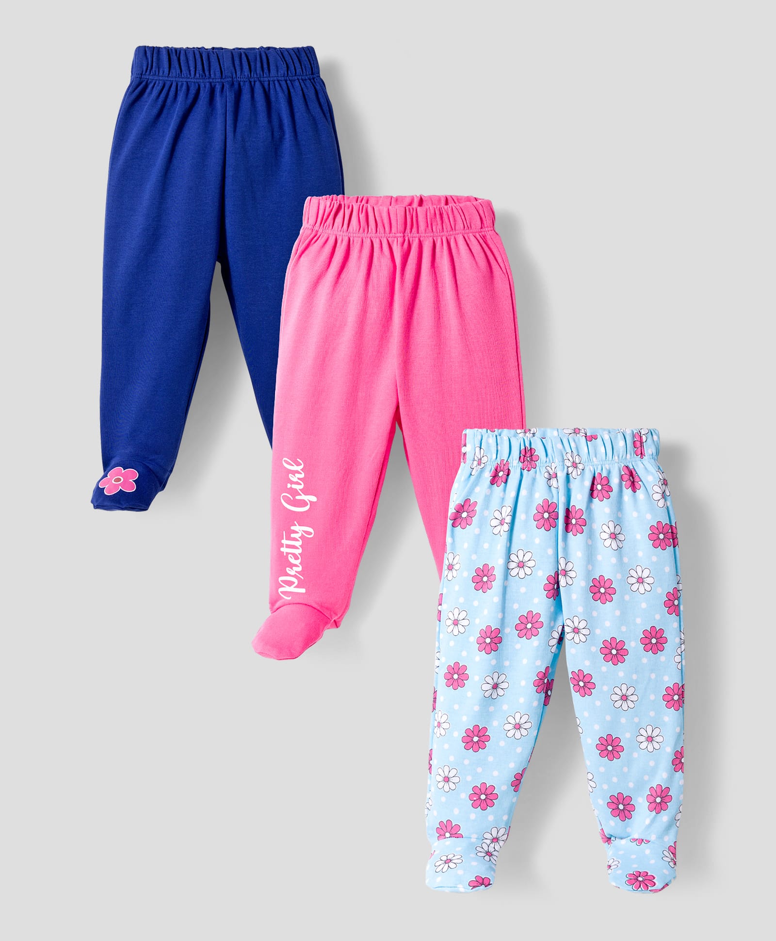 Doodle Poodle Interlock Cotton Knit Floral Printed Bootie Leggings Pack of 3 - Pink Navy & Light Blue-image-30