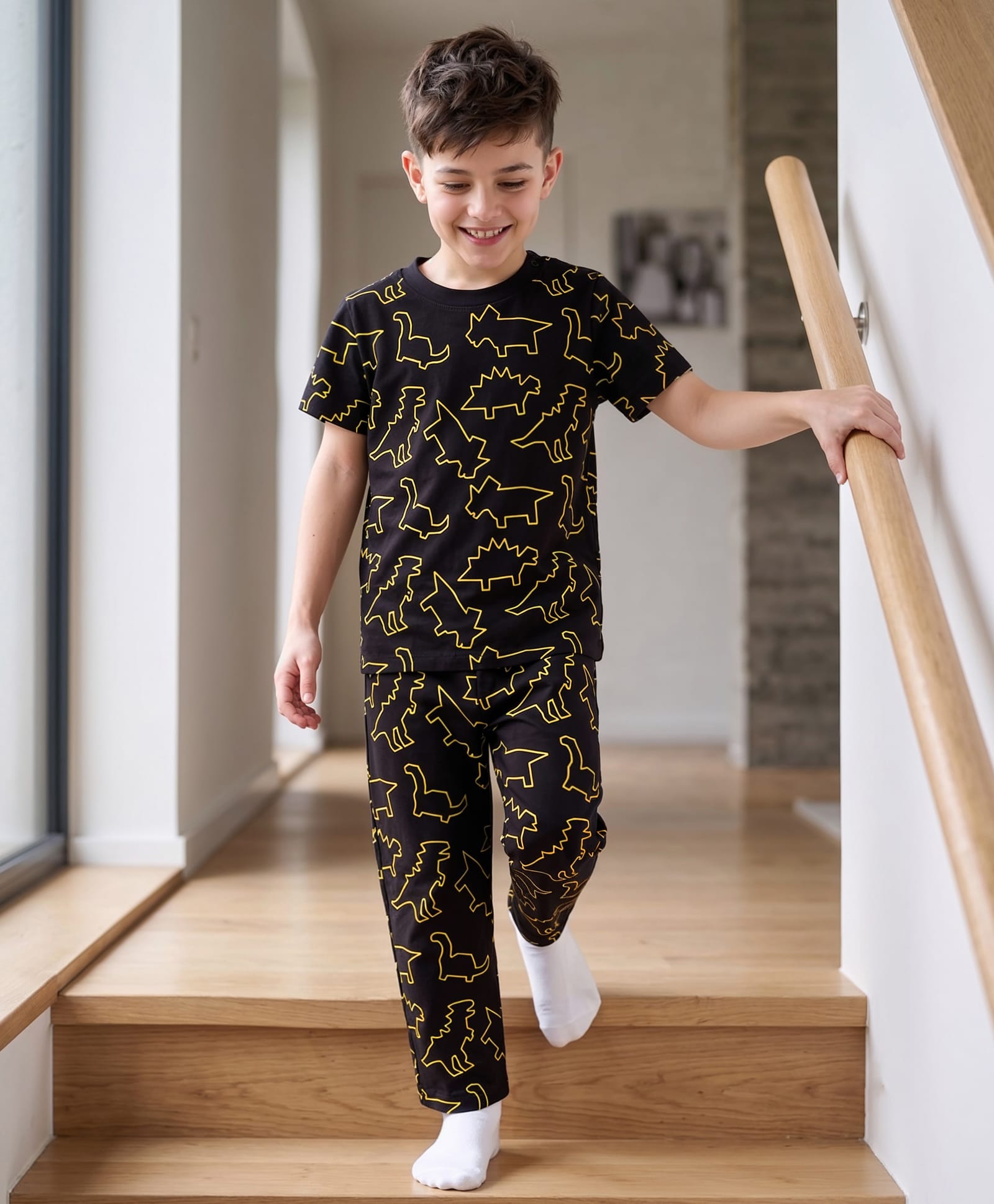 kookie kids india Kookie Kids Single Jersey Knit Half Sleeeves T-Shirt & Pajama Co-ords Night Suit With Dino Print - Black-picture-31