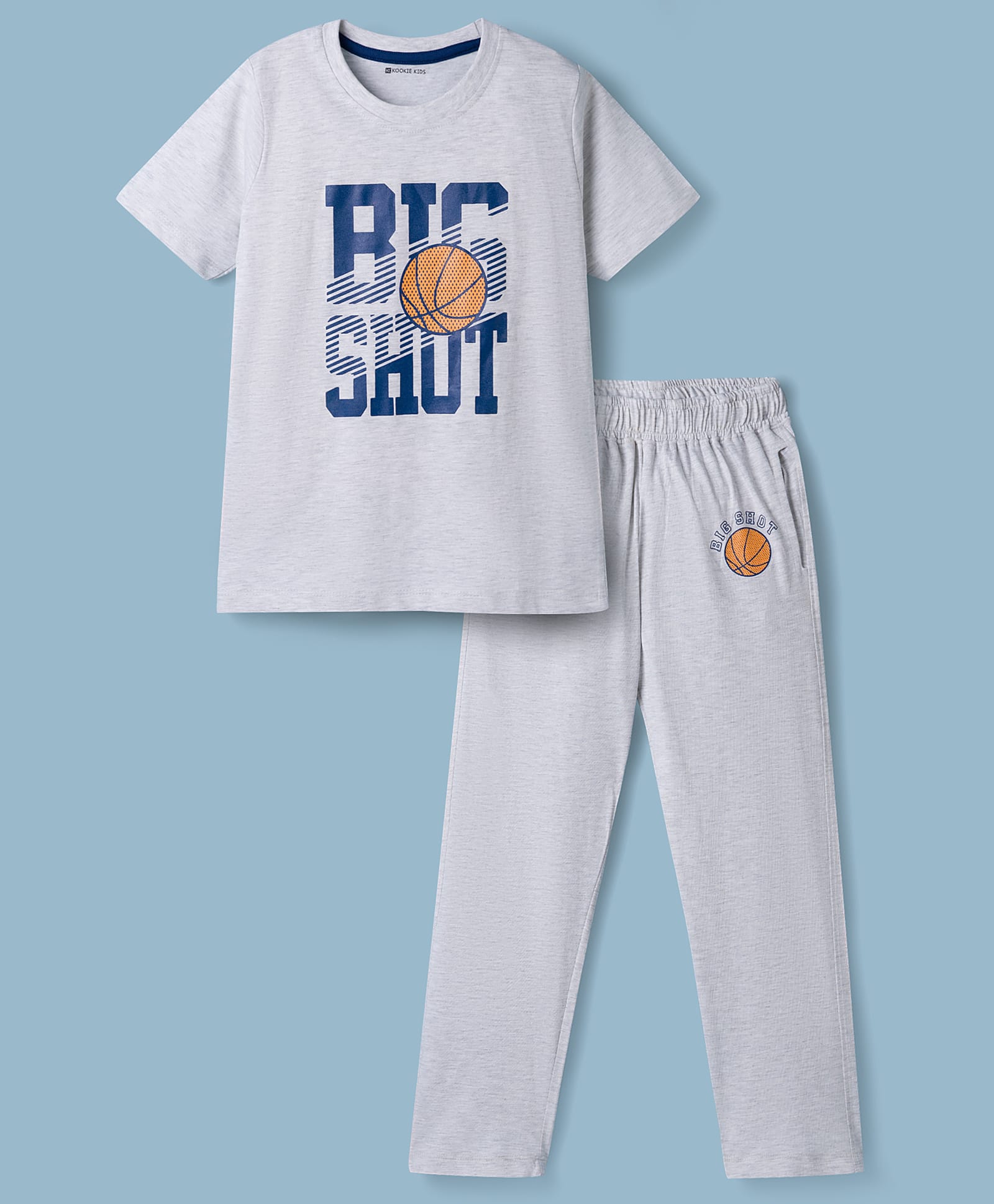Kookie Kids Single Jersey Knit Half Sleeves Text Printed T-Shirt & Pyjama Night Suit Set - Grey-image-9