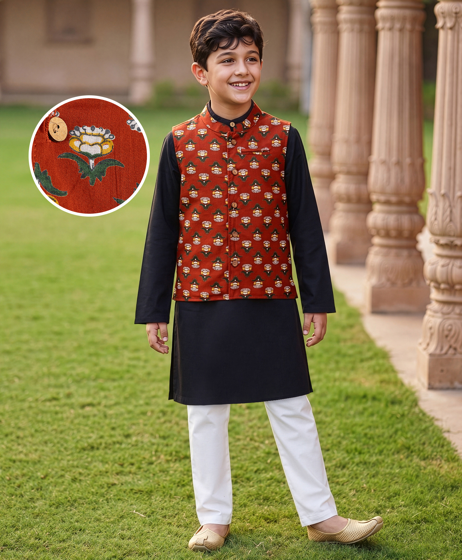 Pine Kids Cotton Woven Full Sleeves Floral Printed Kurta & Pyjama Set With Jacket - Black-image-12