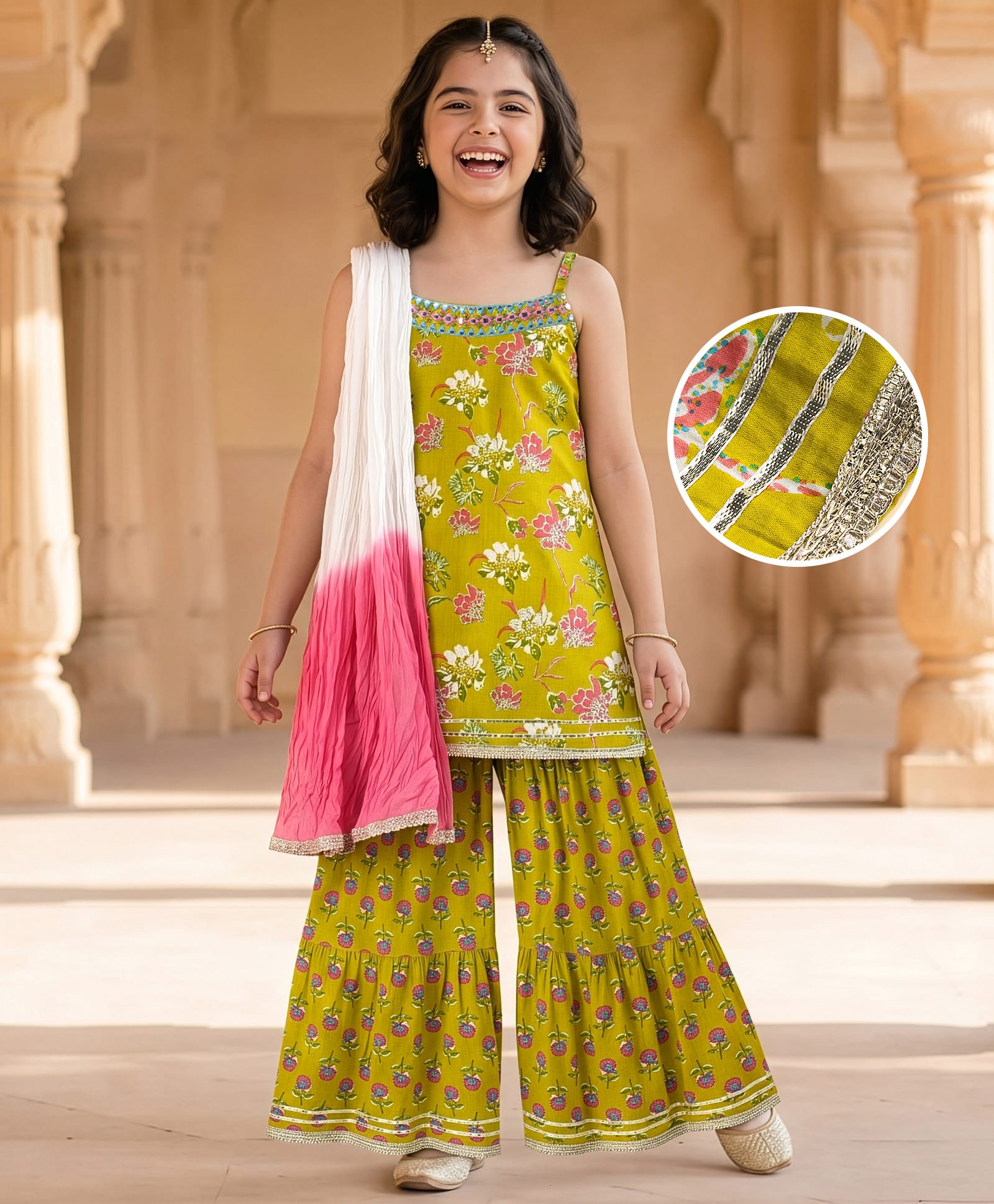 Pine Kids Cotton Woven Sleeveless Floral Printed Kurti & Sharara Set With Dupatta - Olive Green-image-23