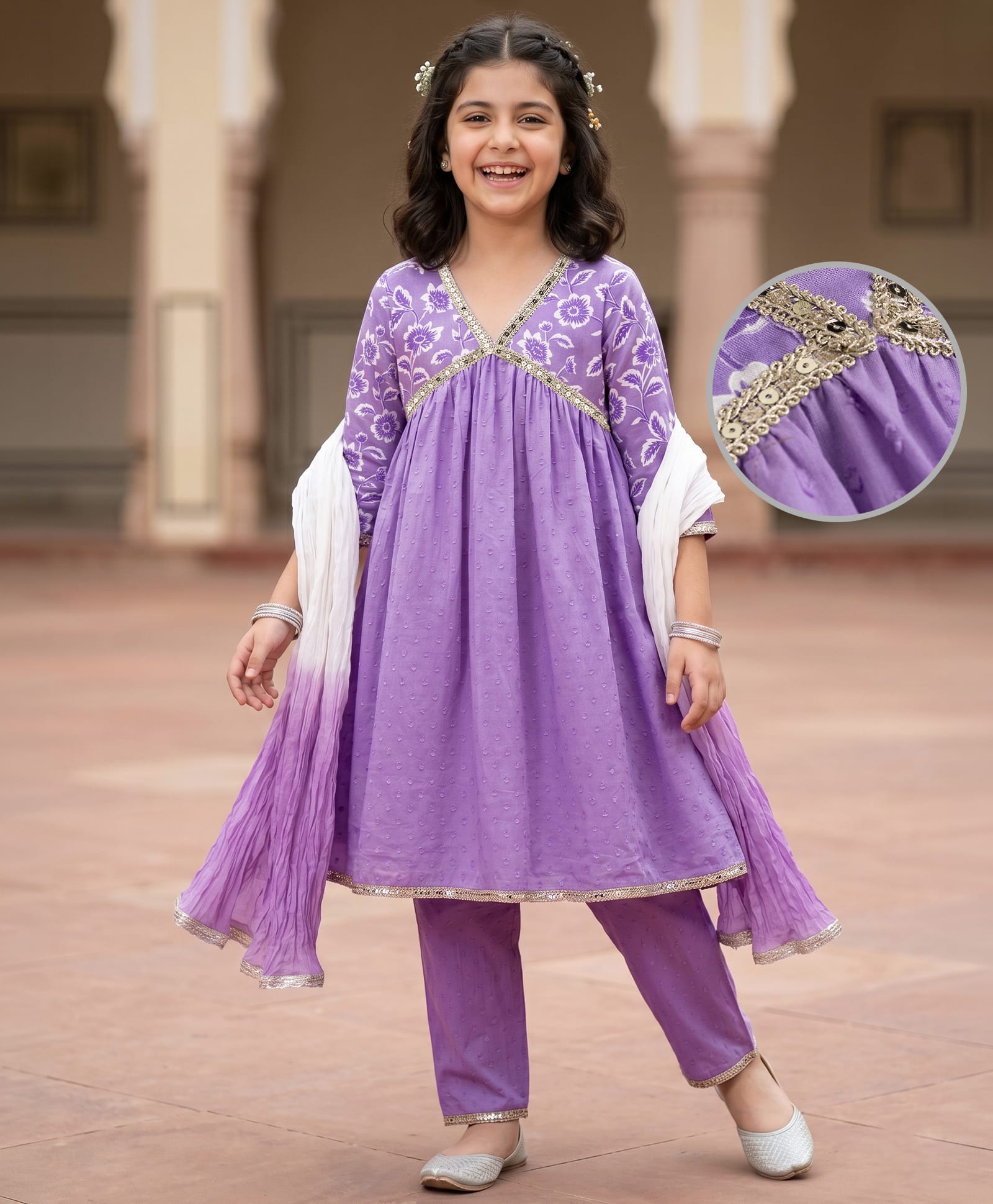 Pine Kids Rayon Woven Full Sleeves Floral Printed & Sequinned Kurta & Chudidar Set With Dupatta - Purple-picture-1