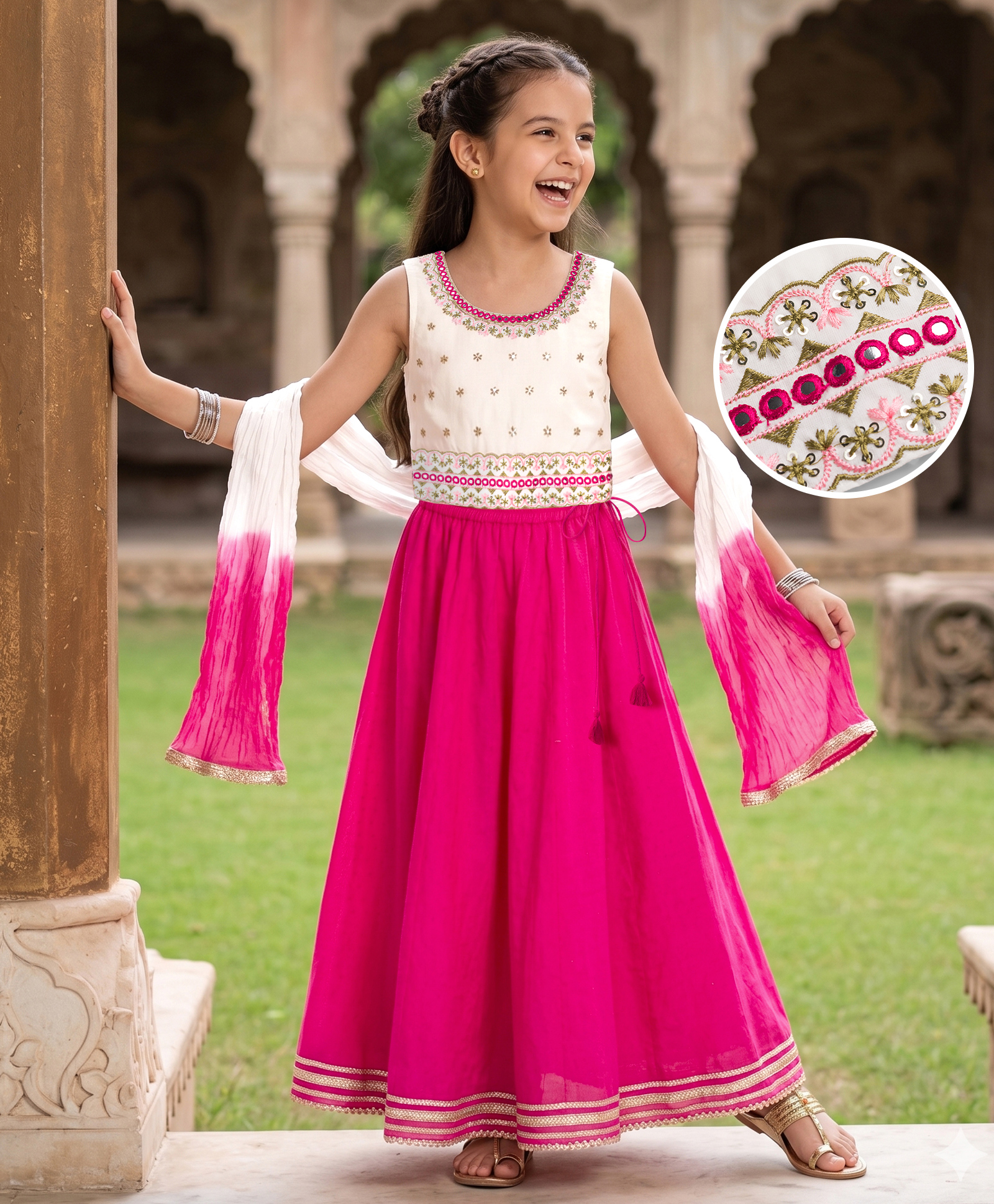 Pine Kids 100% Cotton Woven Sleeveless Floral Sequinned Choli Lehenga Set With Dupatta With Lace Detailing - White & Dark Pink-image-40