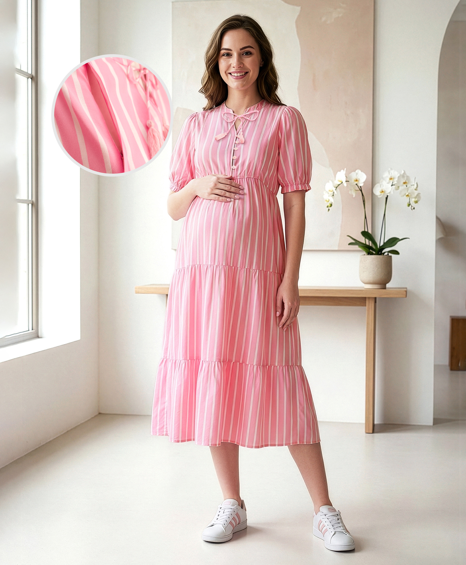 Bella Mama Viscose Woven Short Sleeves Stripe Tired Maternity Dress - Pink
