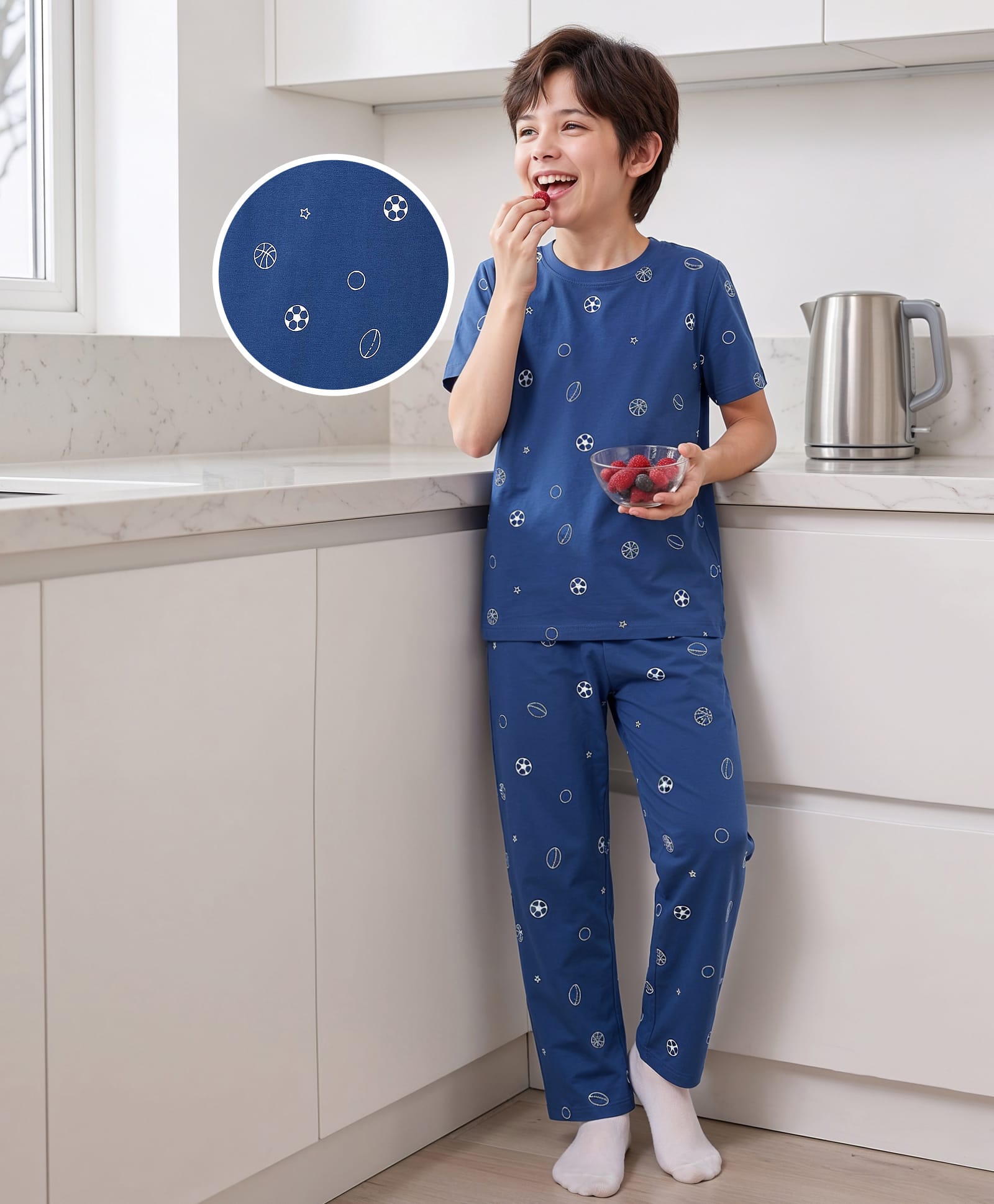 Kookie Kids Single Jersey Knit Half Sleeves T-Shirt & Pyjama Co-ord Night Suit With Sports Print - Navy Blue-image-42