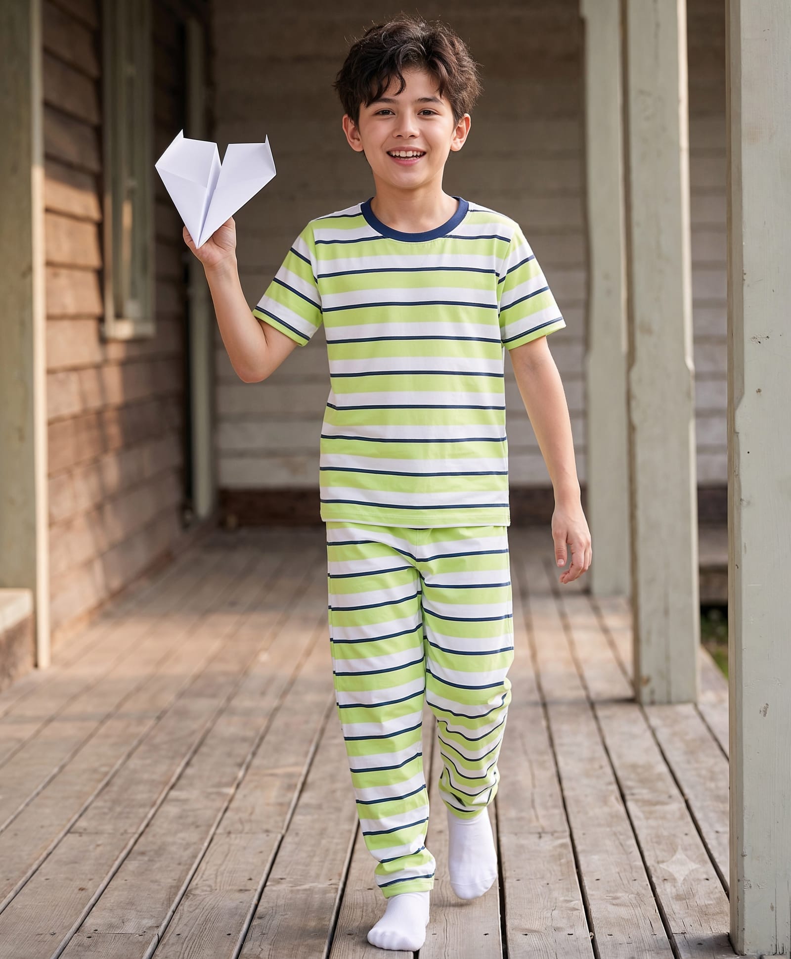 Kookie Kids Single Jersey Knit Full Sleeves Striped Co-ords T-Shirt & Pajama Night Suit - Light Green-image-21