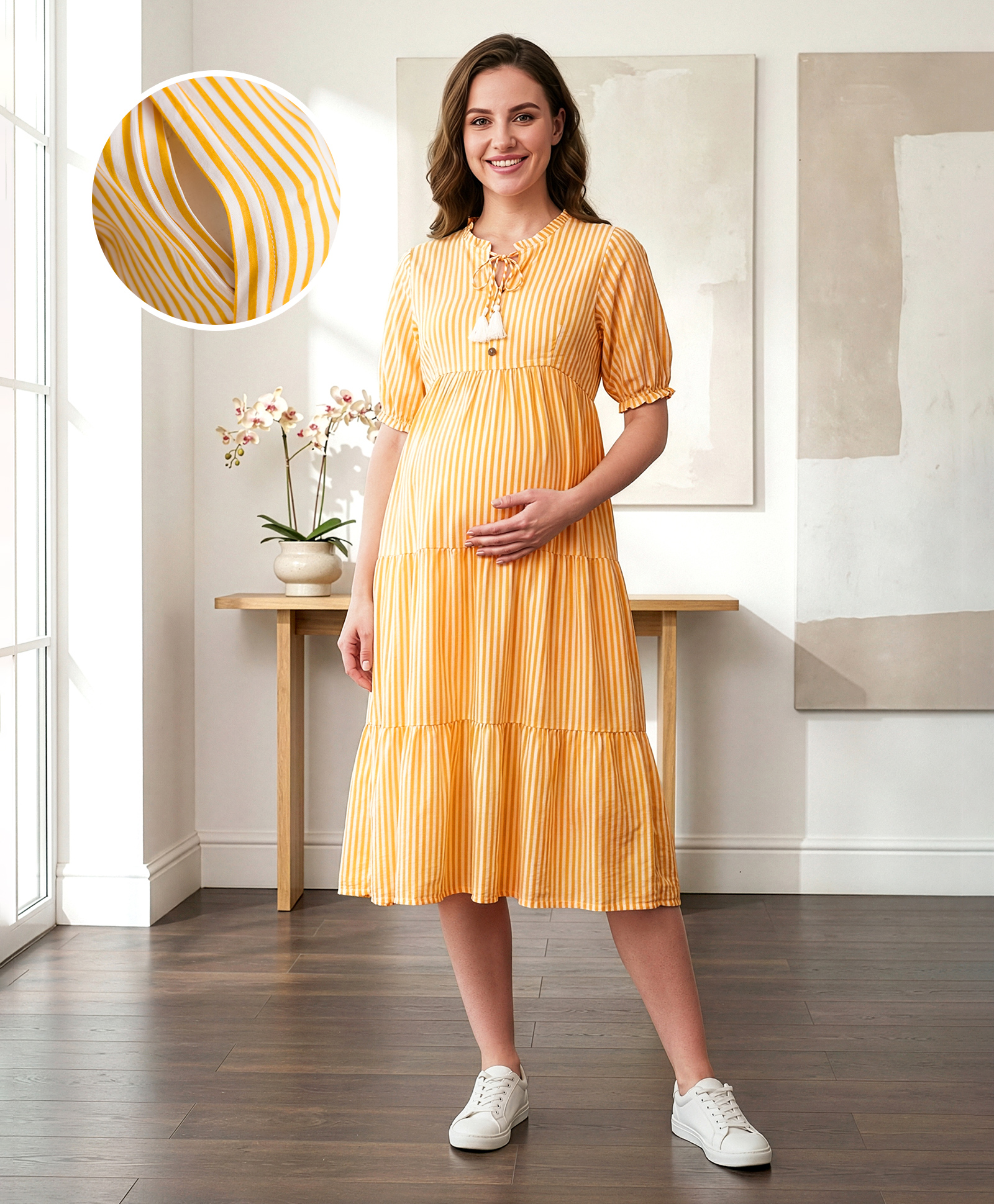 Bella Mama Woven Half Puffed Sleeves Striped Tiered Maternity Dress - Yellow
