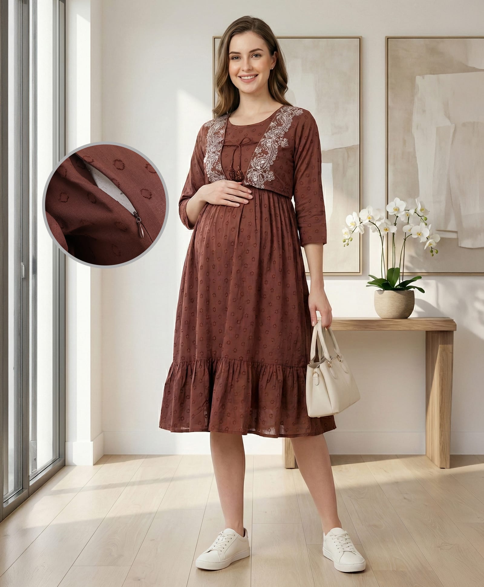 Bella Mama Cotton Woven Three Fourth Sleeves Embroidered Jacket with Solid Color Maternity Dress - Brown