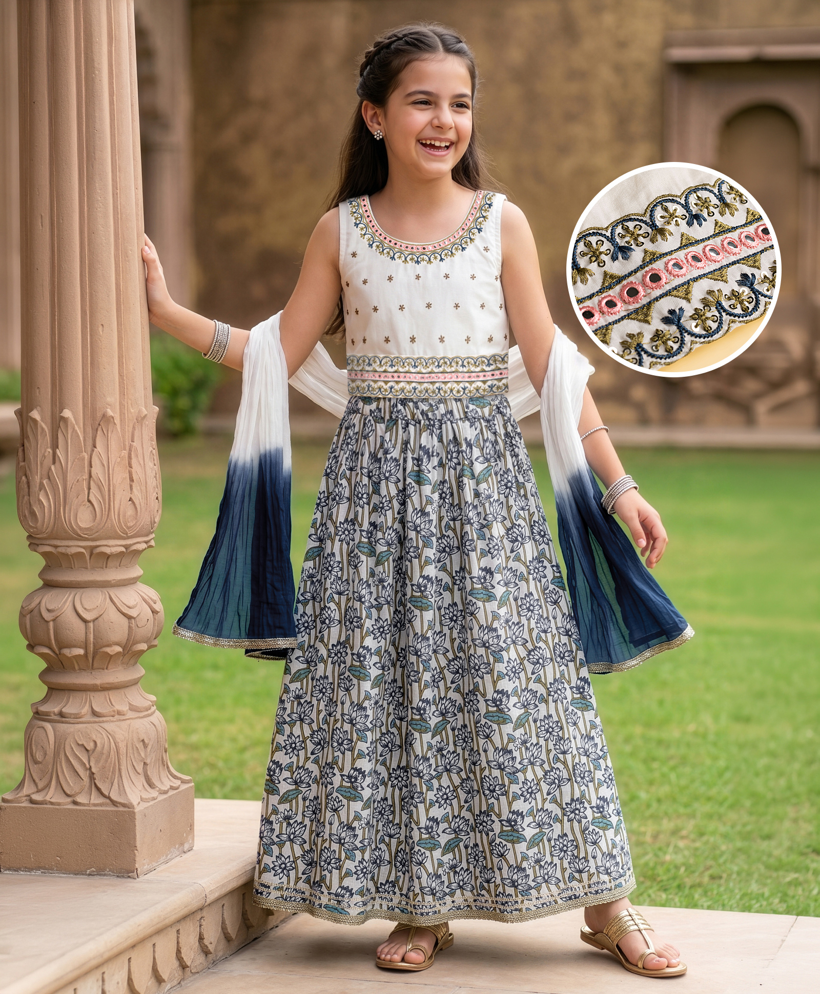 Pine Kids 100% Cotton Woven Sleeveless Sequinned Floral Choli & Lehenga Set With Dupatta - Navy Blue-image-44