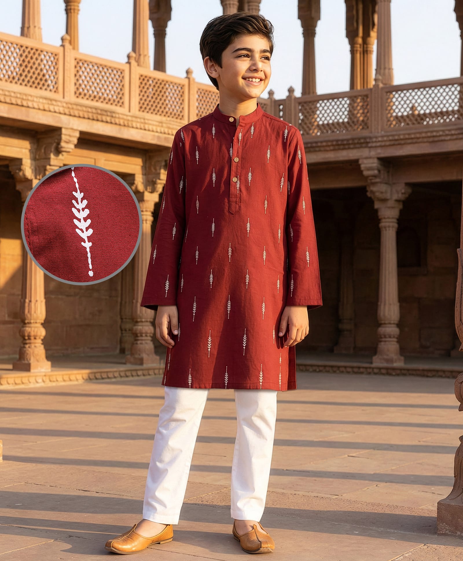Pine Kids Cotton Woven Full Sleeves Kurta Pyjama Set With Floral Print - Maroon-picture-40
