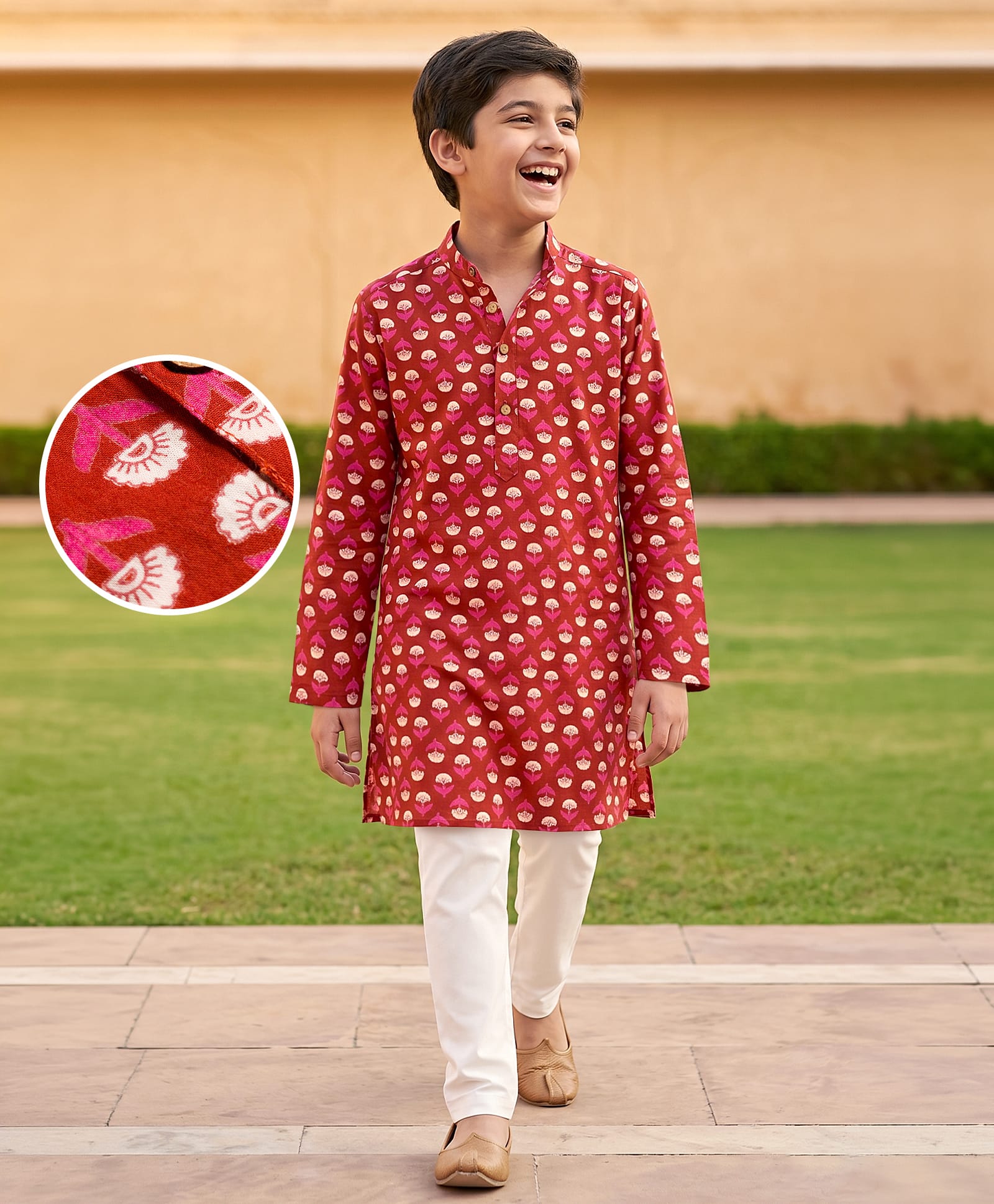 Pine Kids 100% Cotton Woven Full Sleeves Floral Printed Kurta & Pyjama Set - Red