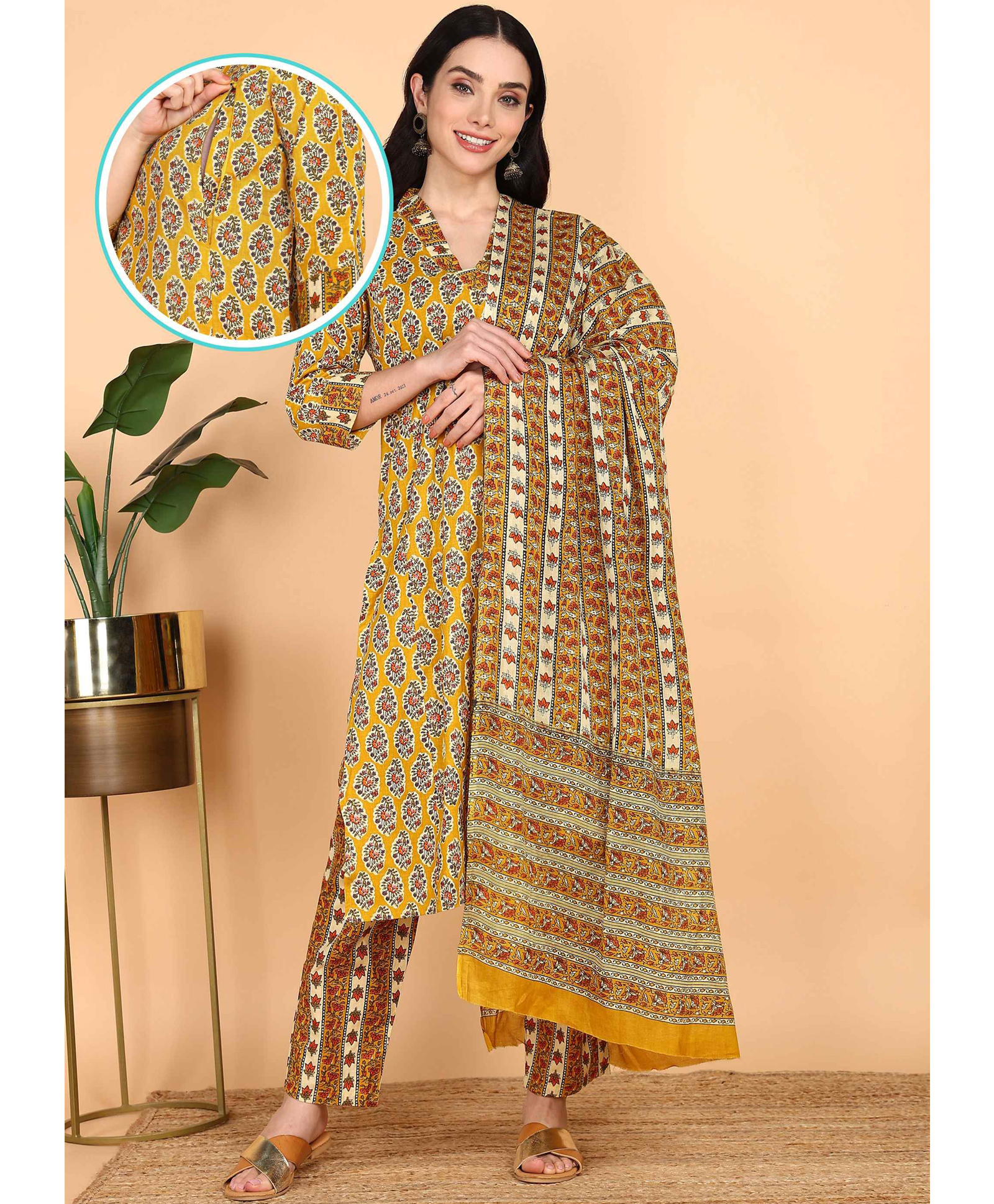 Moms Ever Cotton Woven Three Fourth Sleeves Floral Printed Maternity Kurti With Side Zipper Nursing Access & Pant With Dupatta Set - Yellow-image-27