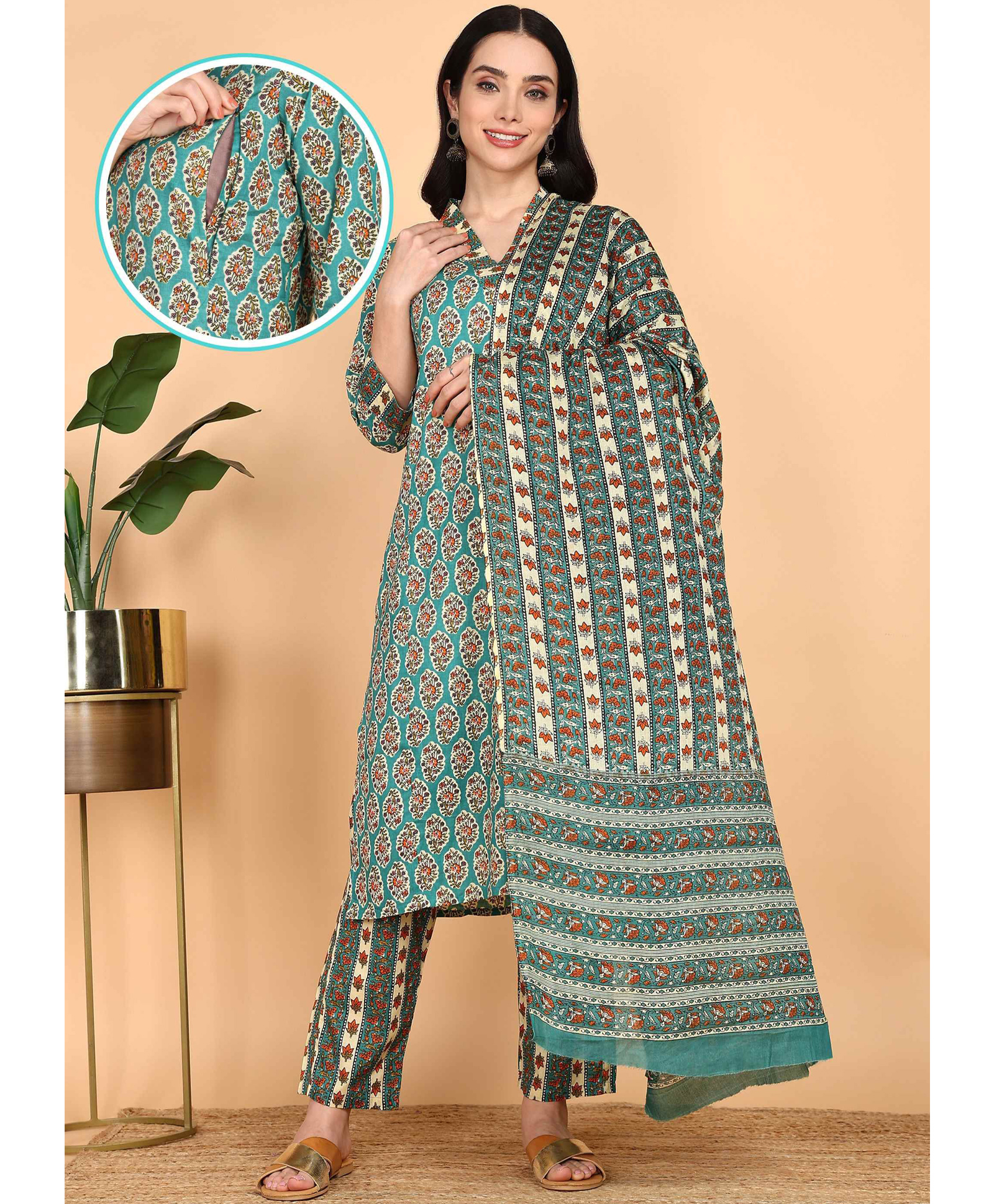 Moms Ever Cotton Woven Three Fourth Sleeves Floral Printed Maternity Kurti With Side Zipper Nursing Access & Pant With Dupatta Set - Teal-image-21