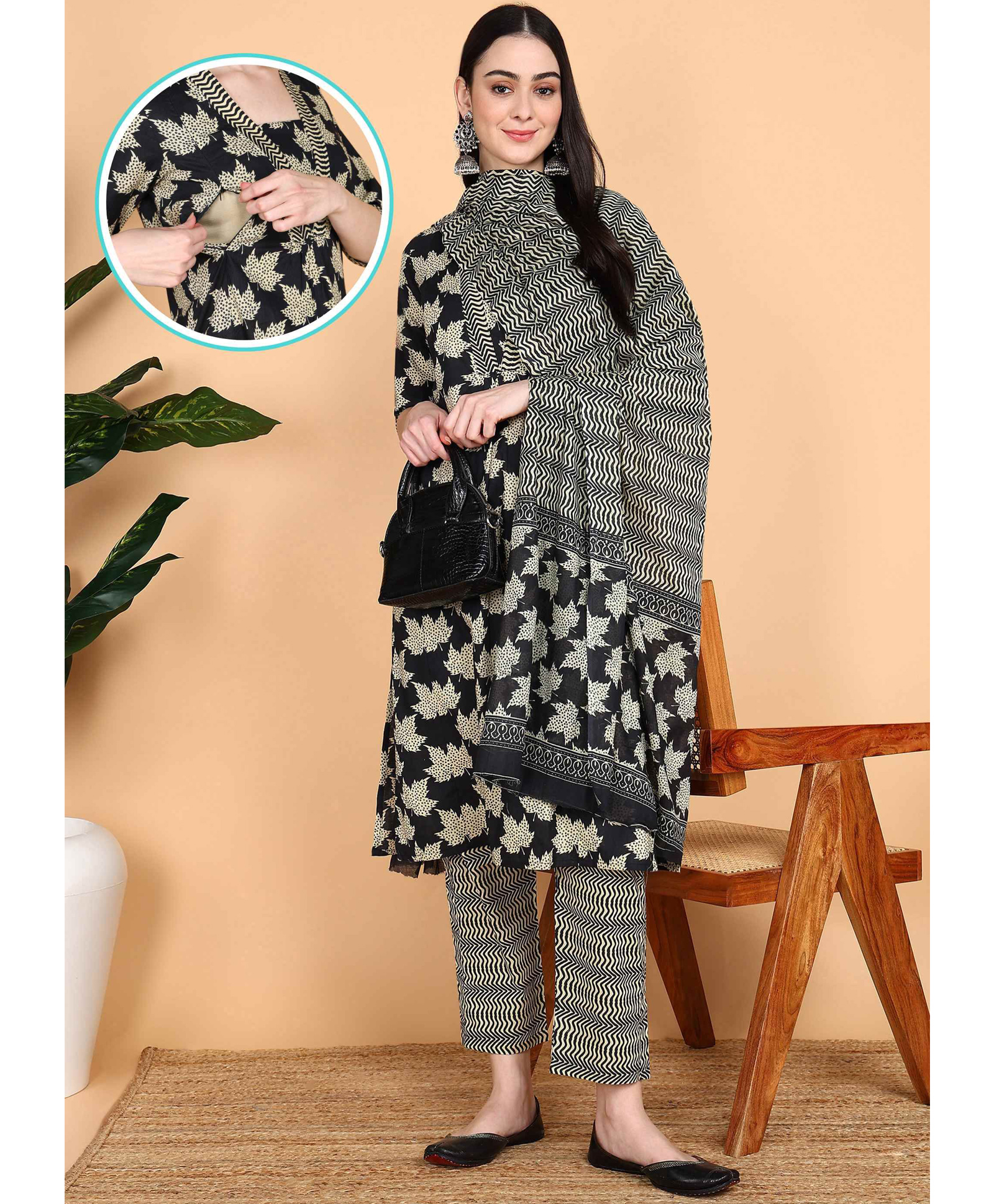 Moms Ever Cotton Woven Three Fourth Sleeves Abstarct Printed Maternity Kurti With Side Zipper Nursing Access & Pant With Dupatta Set - Black-image-26