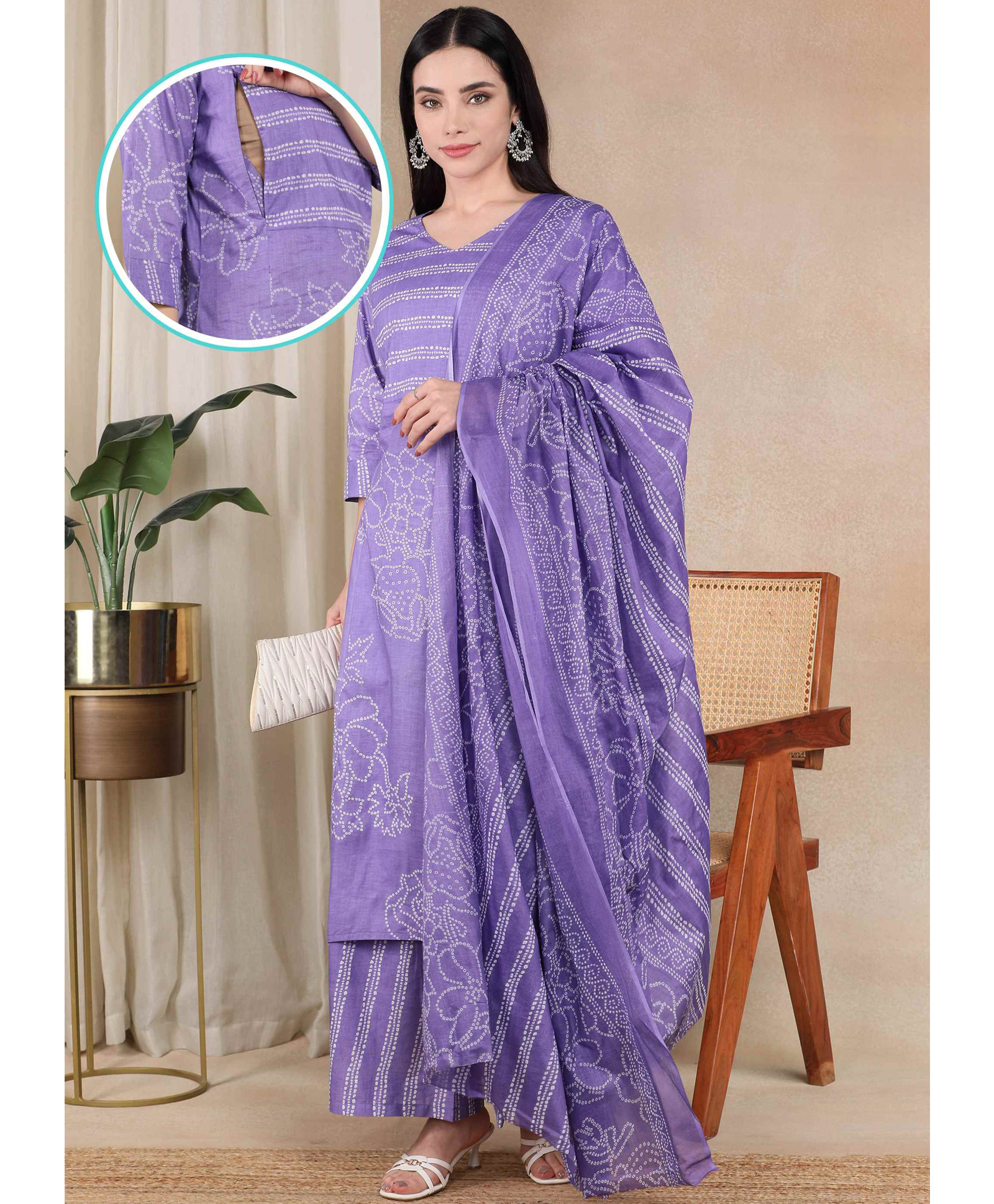 Moms Ever Cotton Woven Three Fourth Sleeves Bandhani Printed Maternity Kurti With Side Zipper Nursing Access & Pant With Dupatta Set - Purple-image-6