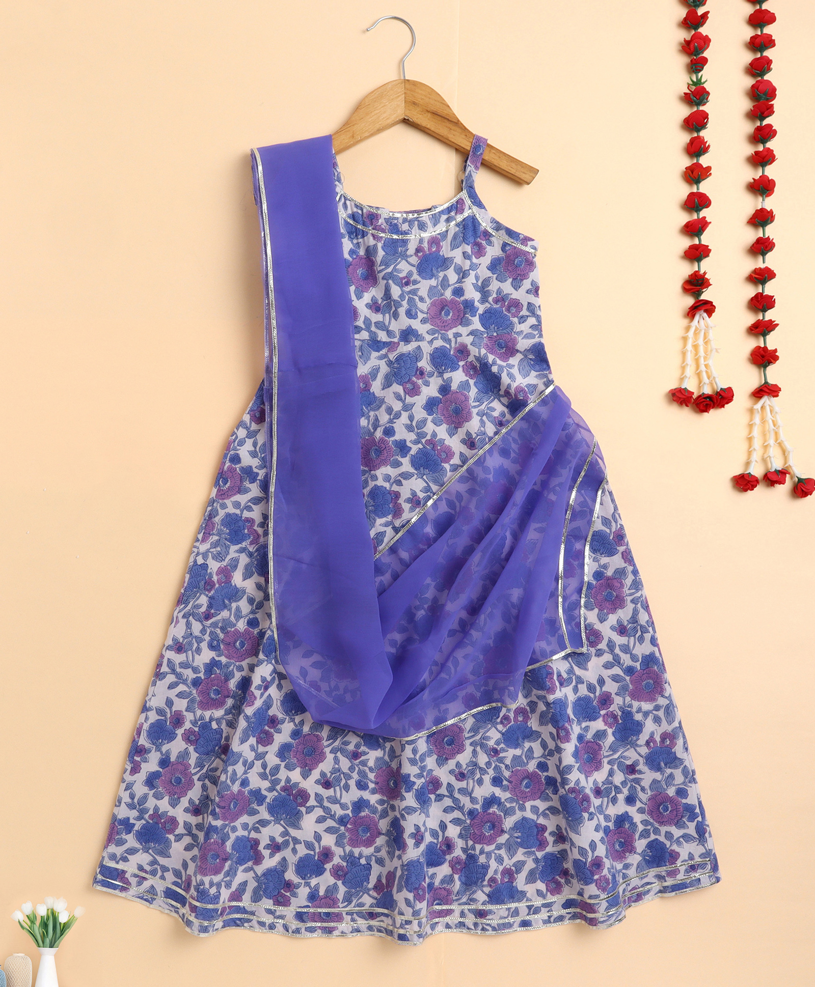 The Magic Wand Cotton Woven Sleeveless Hand Block Floral Printed Lace Detailed Dress With Dupatta - Blue-picture-20