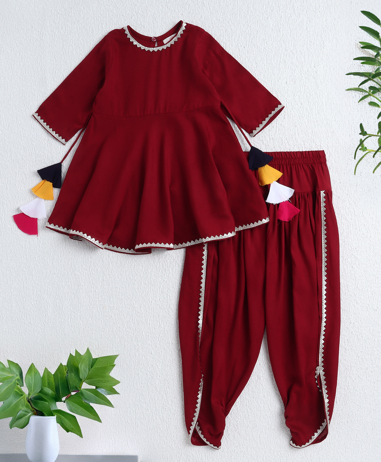 The Magic Wand Rayon Woven Half Sleeves Gota Lace Embellished Kurti & Dhoti Set - Maroon-image-31