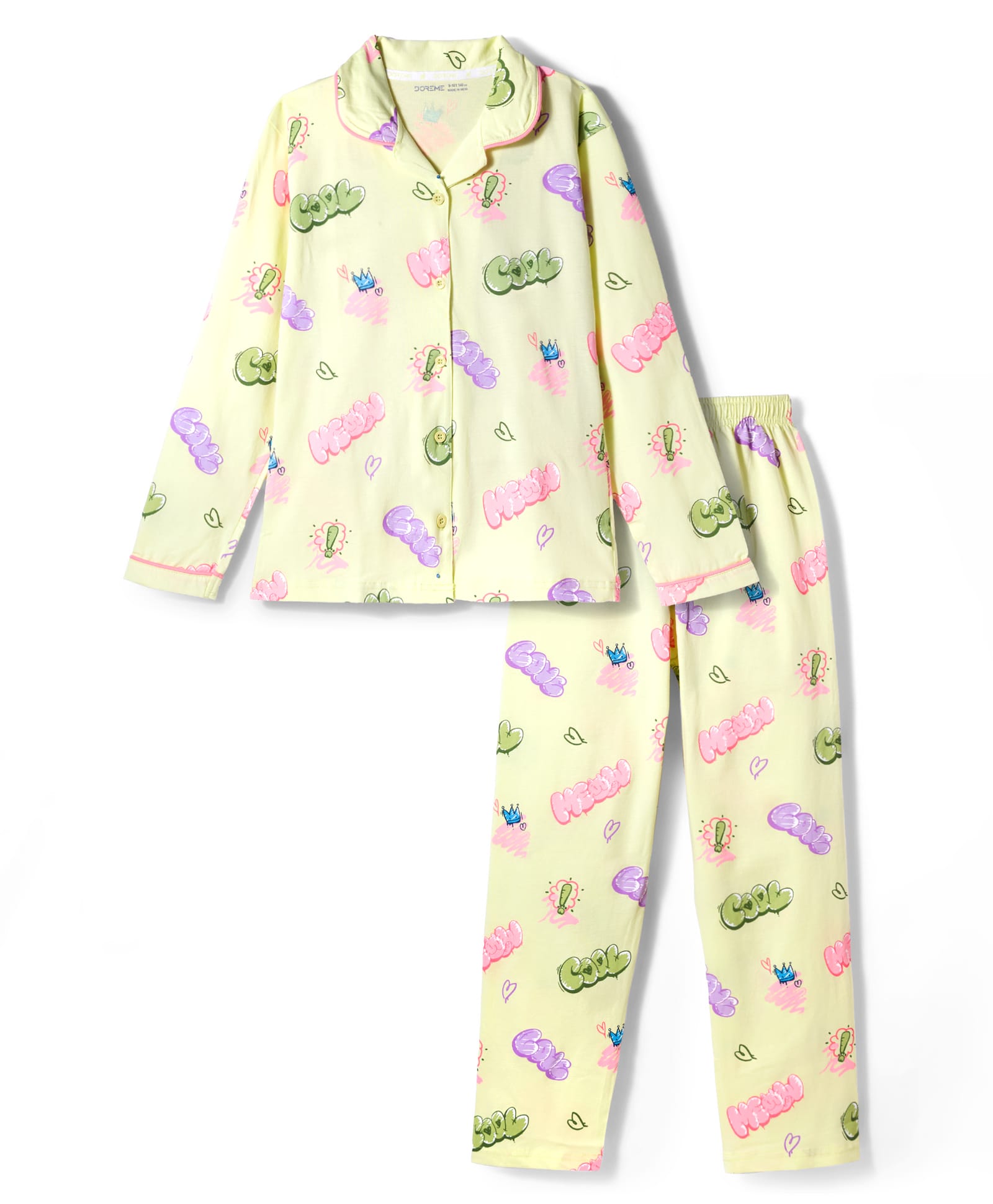 Doreme Knitted Full Sleeves Co-ords Night Suit With Text Print - Limegreen