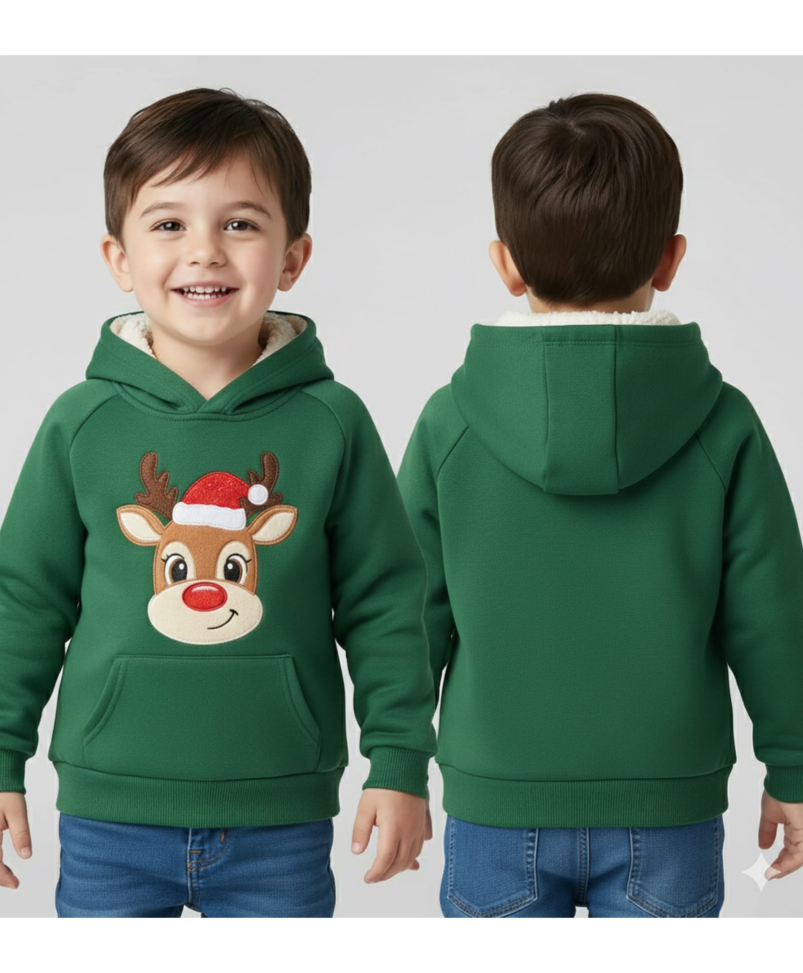 MIMISKU Fleece Knit Christmas Theme Full Sleeves Reindeer Patch Detailed Light Winter Hoodie - Green-picture-18