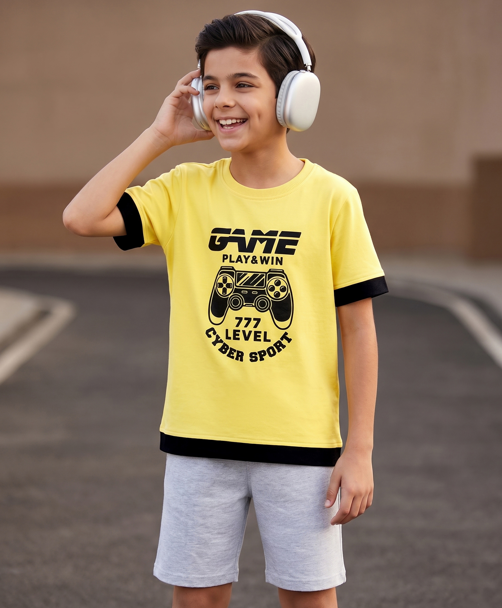 Pine Kids Single Jersey Knit Half Sleeves Game Printed T-Shirt & Shorts Set - Yellow-image-47
