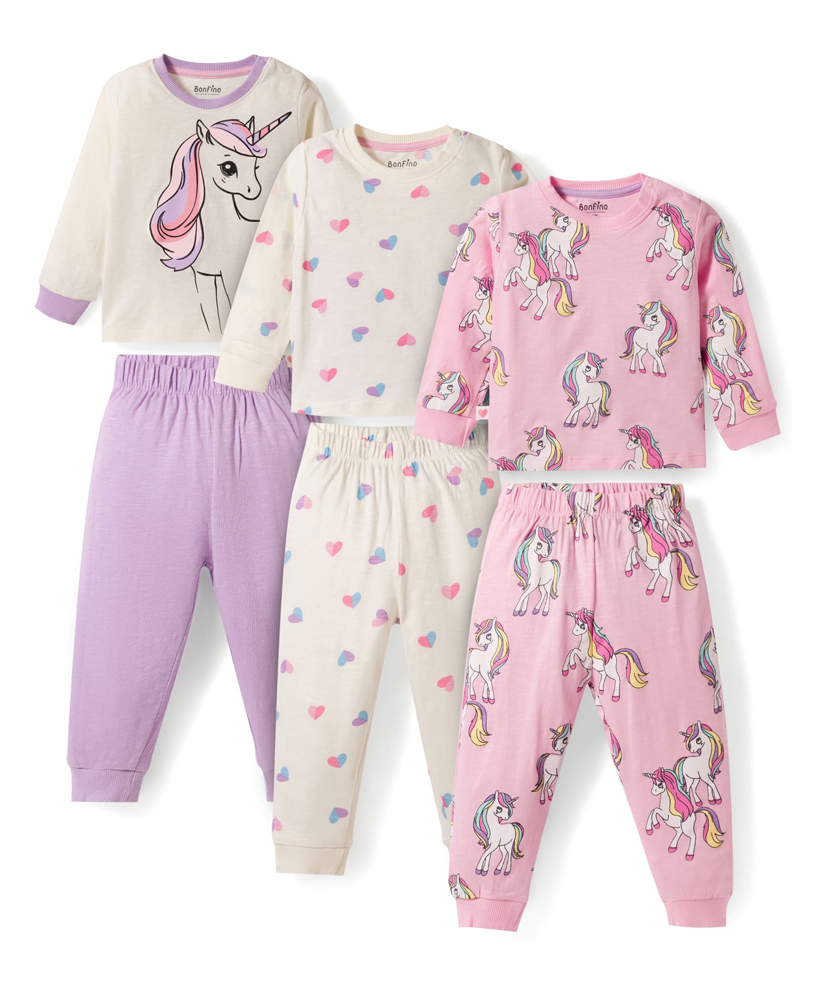 Bonfino 100% Cotton Knit Full Sleeves T-Shirt & Joggers Co-ord Set With Unicorn & Heart Print Pack of 3 - Multicolor