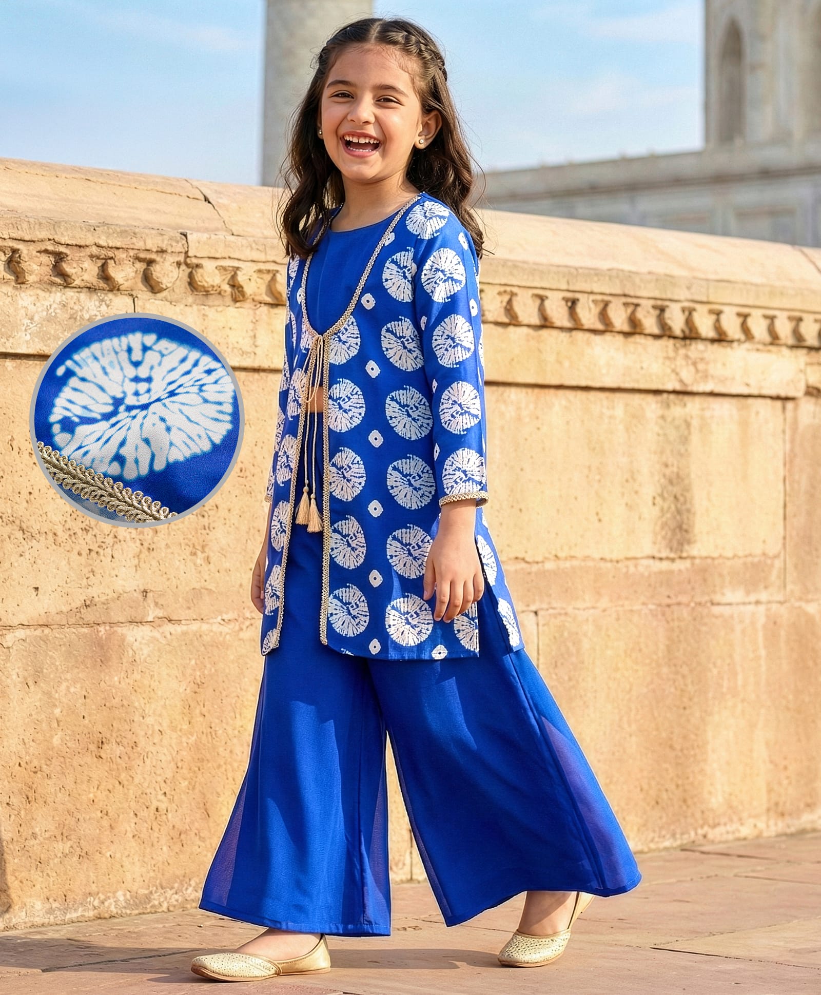 Pine Kids Woven Printed Indo Western Kurti Palazo Set - Royal Blue-picture-34