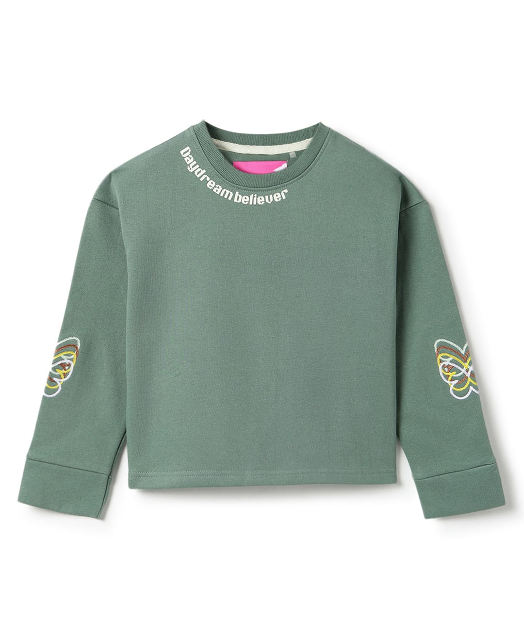 Tales & Stories Cotton Knit Full Sleeves Daydream Believer Text Printed Light Winter Sweatshirt - Olive-picture-36