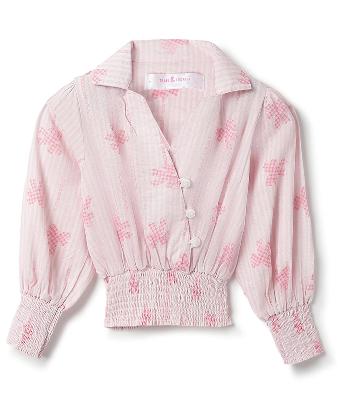 Tales & Stories Cotton Woven Full Sleeves Bow & Brand Name Printed Top - Pink-picture-25