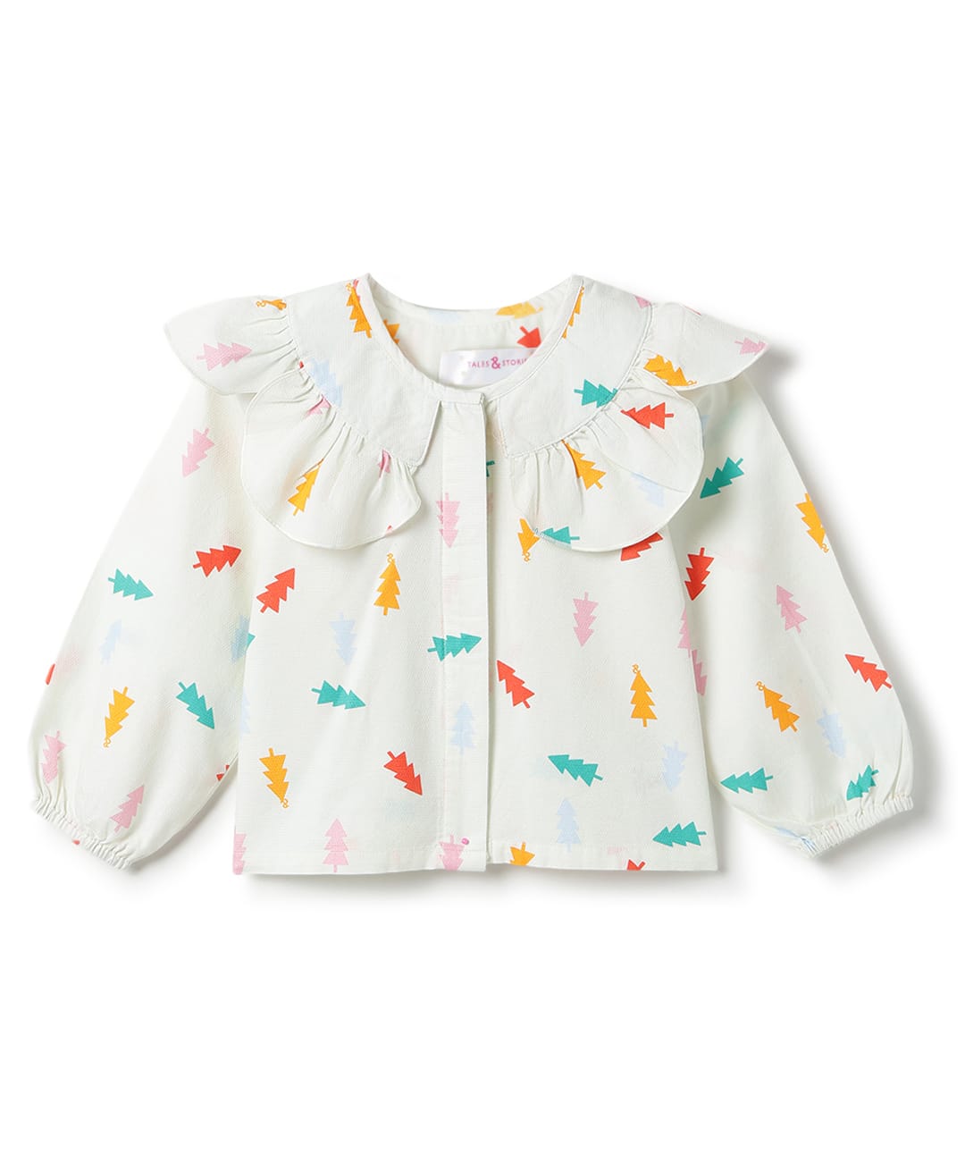 Tales & Stories Christmas Theme Cotton Woven Full Sleeves Frill Detailed Christmas Tree Printed Top - Cream-image-28